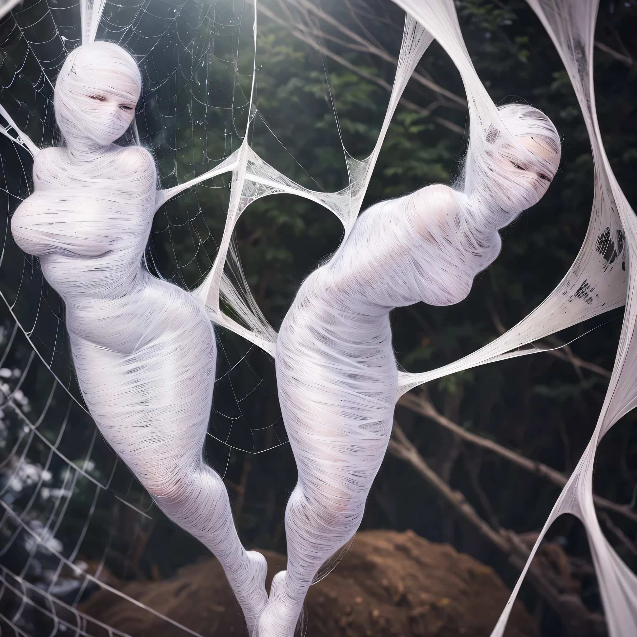 a girl entangled in the spider web, struggle, detailed classroom, (cocoon:1.3), spider web, hanging, spider in the web, spider