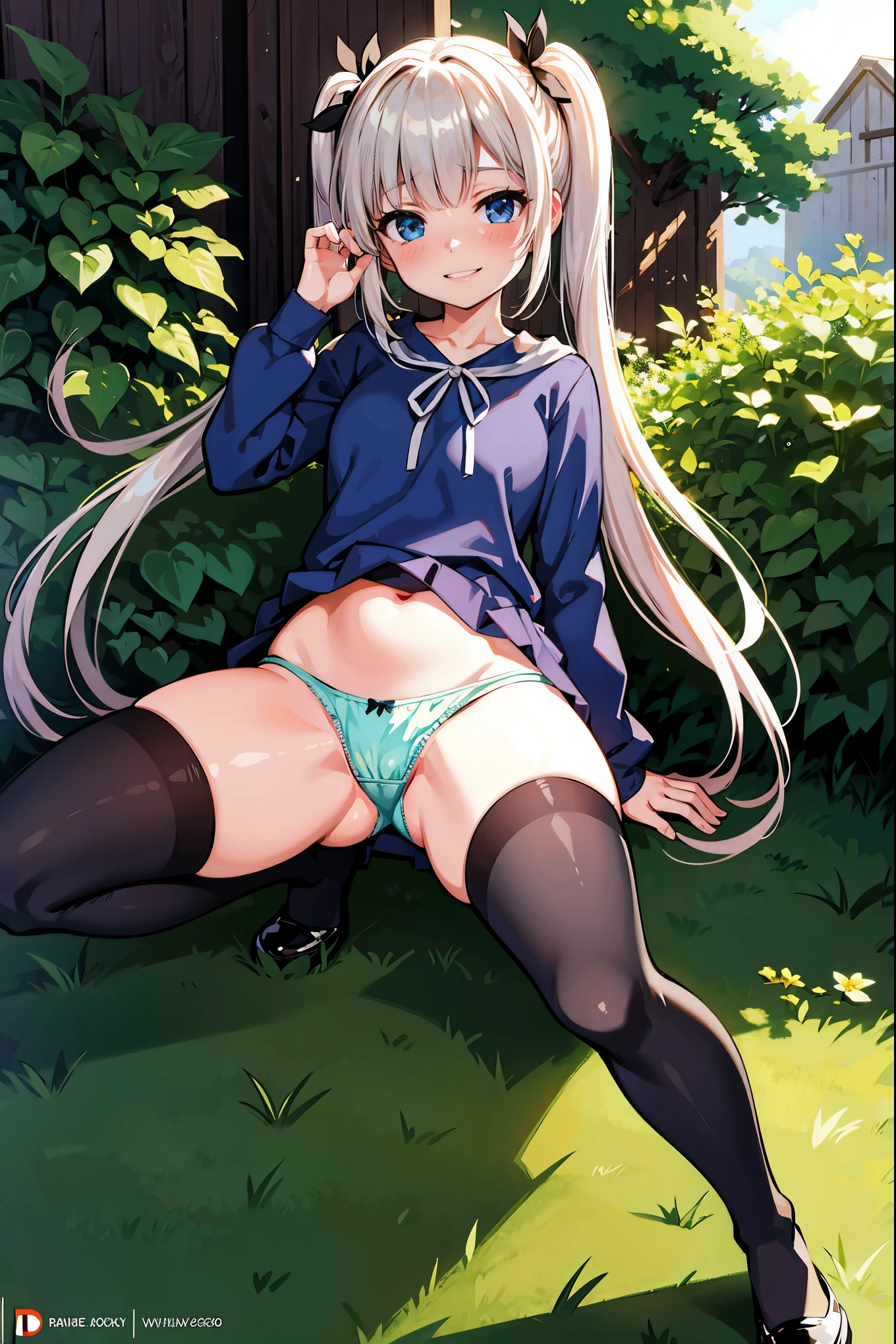 A girl in a garden, (best quality, masterpiece:1.2), ultra-detailed, realistic, absurdos, open legs, twin tails, smile, (hand in panties), colored, illustration, studio lighting