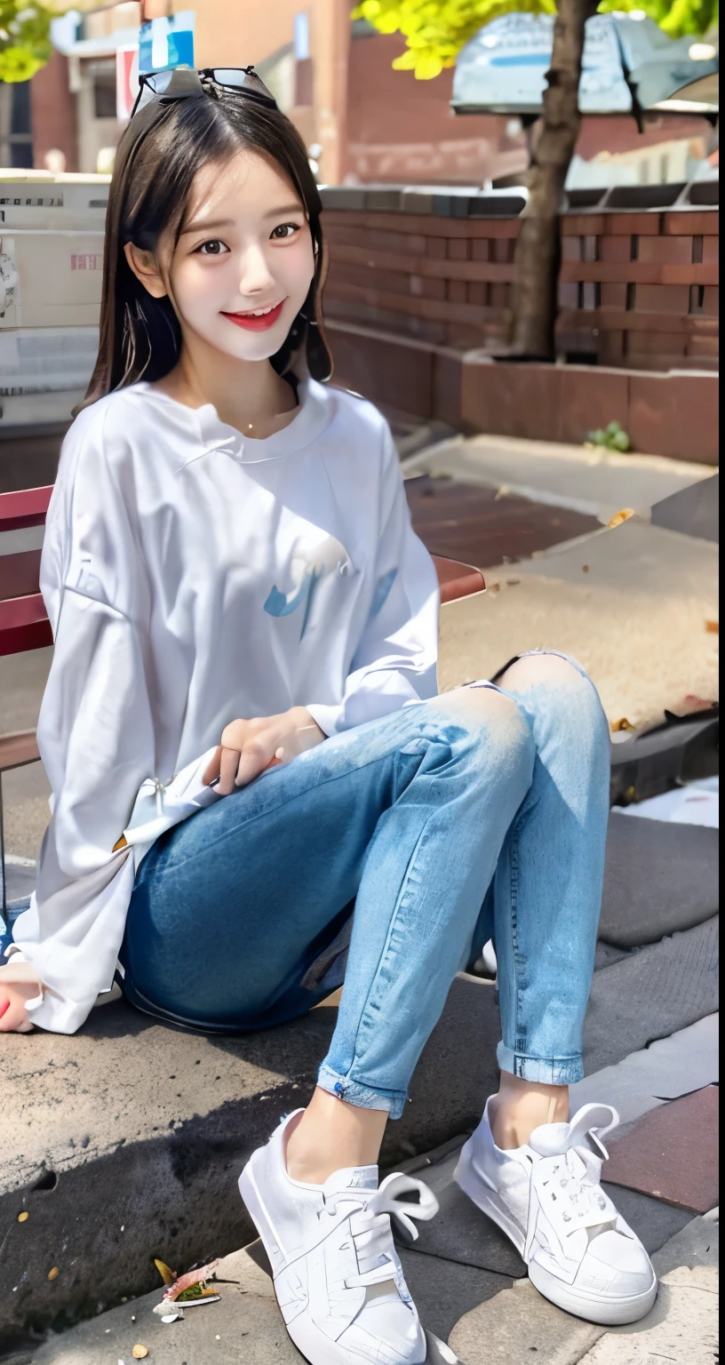 A neat and beautiful woman sitting on a park bench、black hair、Jacket、blouse、skinny denim、sneakers、socks slightly visible through shoes、refreshing smile、smiling showing teeth、full body photo、hairstyle short cut