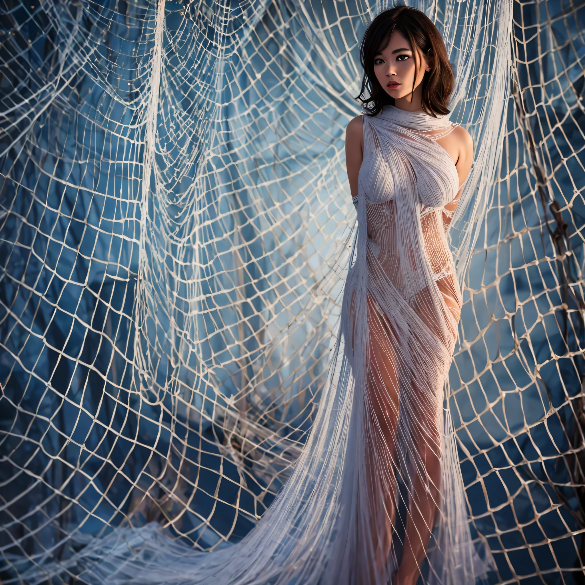 one girl tied up by another one with rope,(bright lighting,romantic setting),dreamy background,bondage,dark hair, mesmerizing gaze, , soft skin, alluring beauty, artistic portrait, high-quality image, vibrant colors, long silk gown, dressing room, (cocoon:0.8)