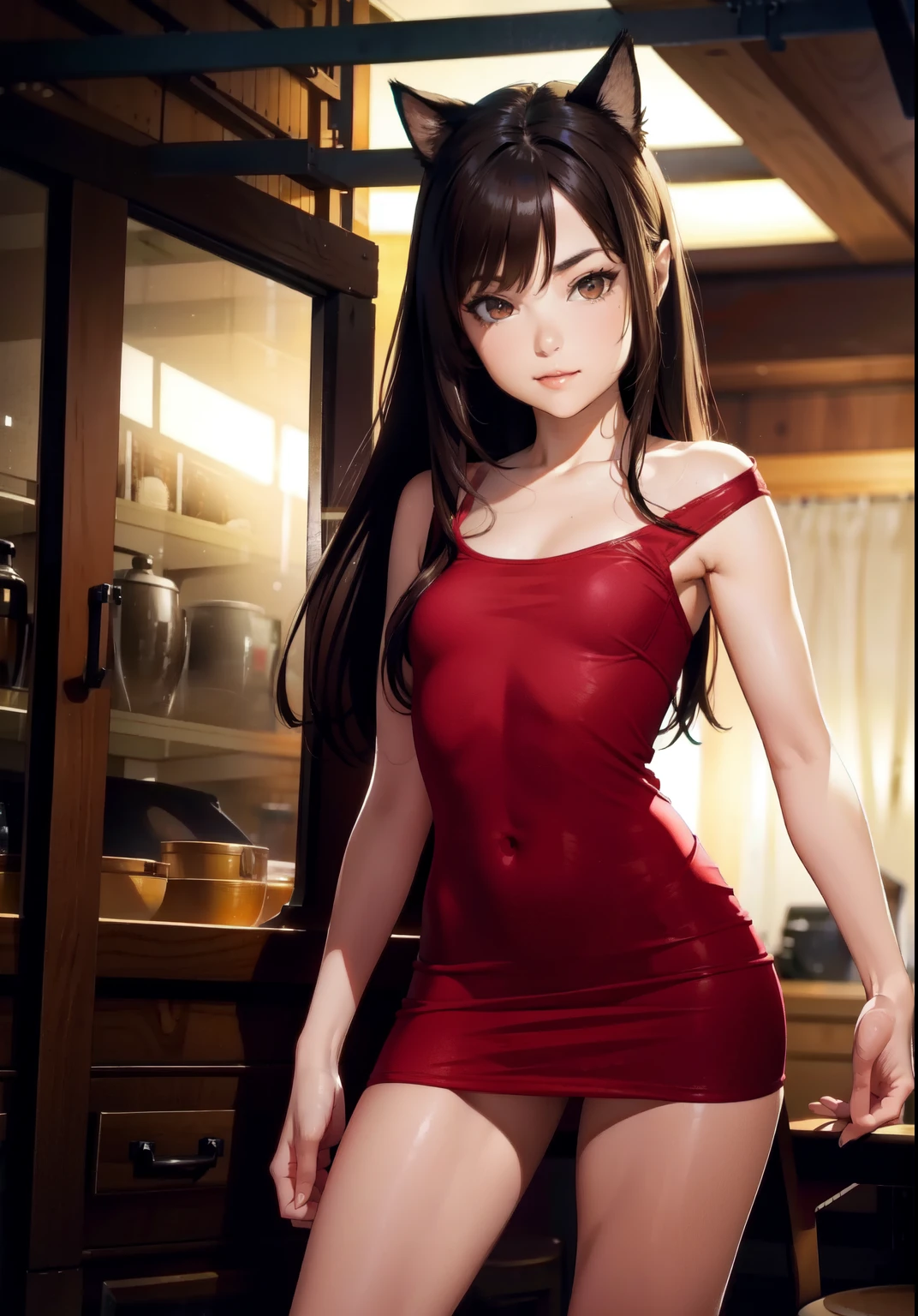 very young slim fit girl, full height, rounded face, very long disheveled dark brown hair, big brown eyes, sluty smile, perfect flat breast, band on head with fake cat ears, sashagrey, short simple red dress with short sleeve, torn sleeve hem, bandage on the left leg, MFBP1, look at you