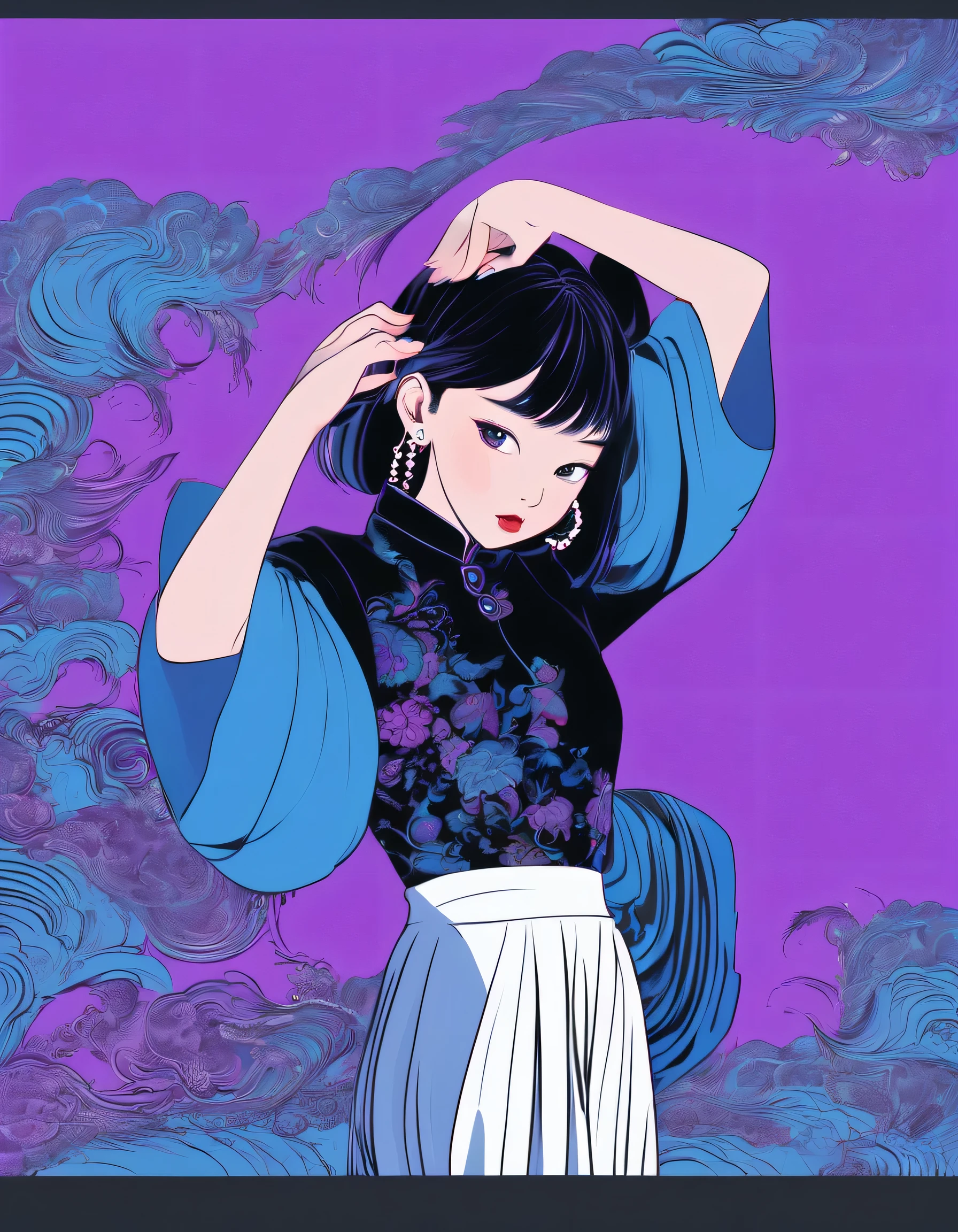 Asian model, purple and blue background, black clothes