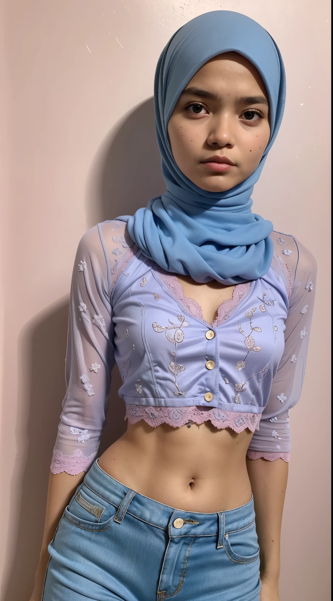 Wear hijab round neck, 1 malay girl, 20 years old, slim body, cleavage, (large breasts:1.65) skintight lace kebaya sexy, batik skirt, masterpiece, highly detailed, ultra hd, 8k, detailed face, bright eyes, perfect eyes, detailed skin texture, detailed lips, sexy lips, perfect hands, dynamic poses, dynamic angle