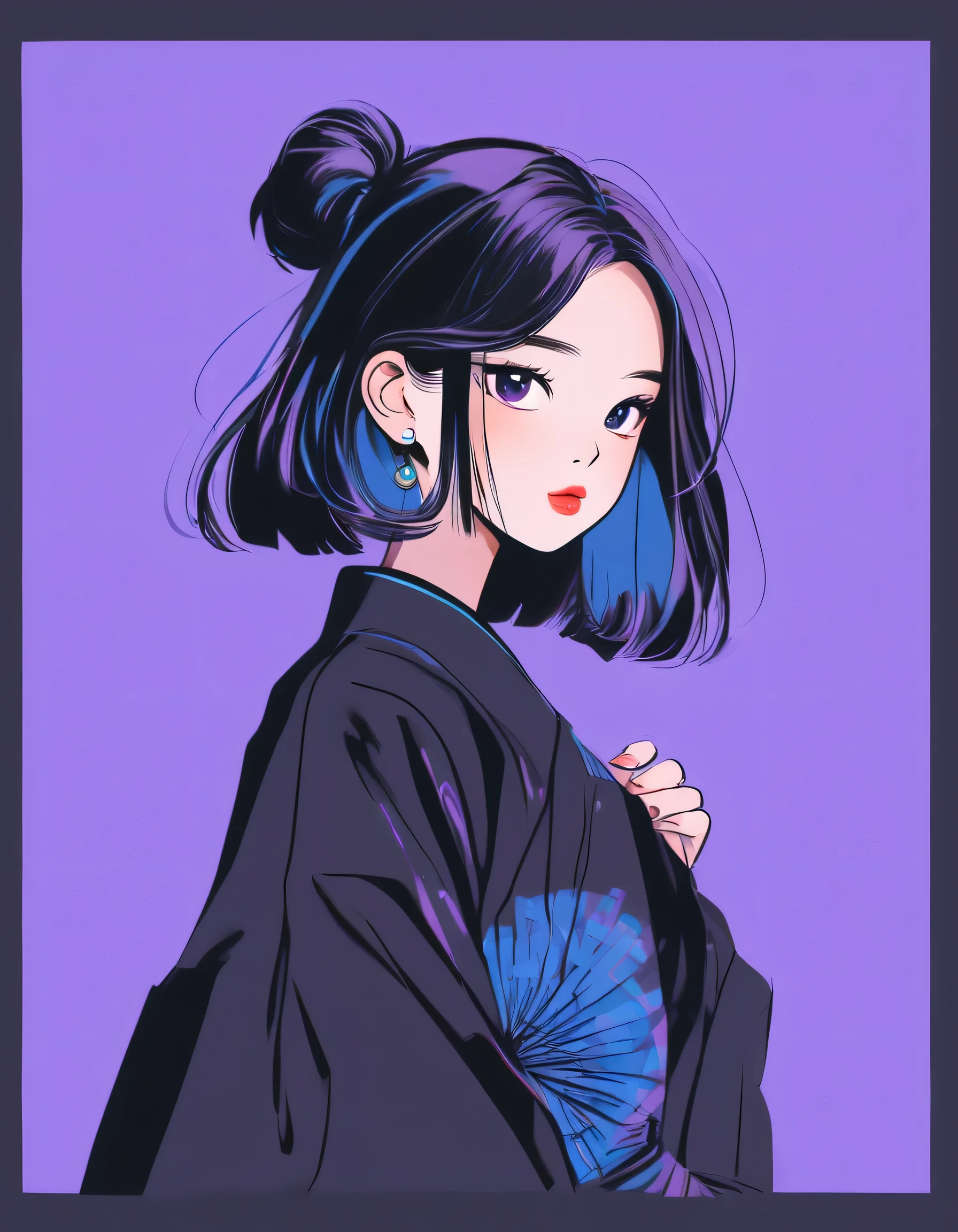 Asian model, purple and blue background, black clothes