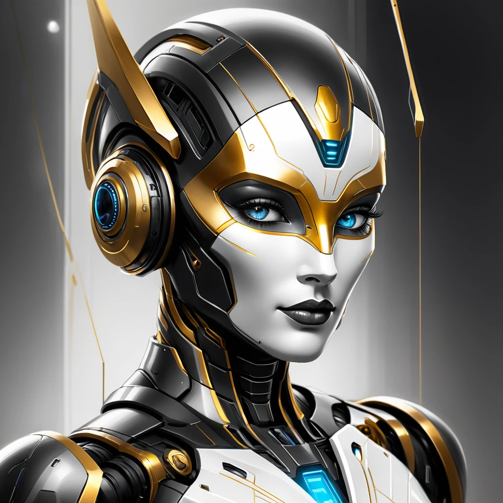 ,(character sketch:1.1),(charcoal drawing:1.2),Sketch,(pencil drawing:1.3),Charcoal painting style,Black -white-gold ,character sketch, high resolution, 1womanl, Solo, (Detailed face), kda,bioluminic, Black and white and gold colors galactic cybernetic mask, (abstracted, Make a sketch of a robot with high technology:1.5), Part description, SH4G0D,