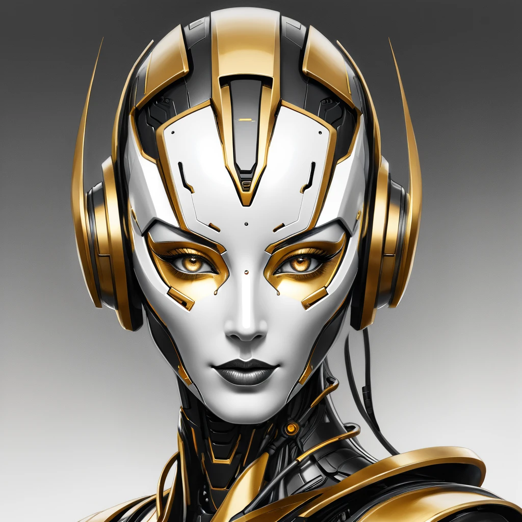 ，(character sketch:1.1)，(charcoal drawing:1.2)，Sketch，(pencil drawing:1.3)，Charcoal painting style，Black -white-gold ，character sketch, high resolution, 1womanl, Solo, (Detailed face), kda，bioluminic, Black and white and gold colors galactic cybernetic mask, (abstracted, Make a sketch of a robot with high technology:1.5), Part description, SH4G0D,