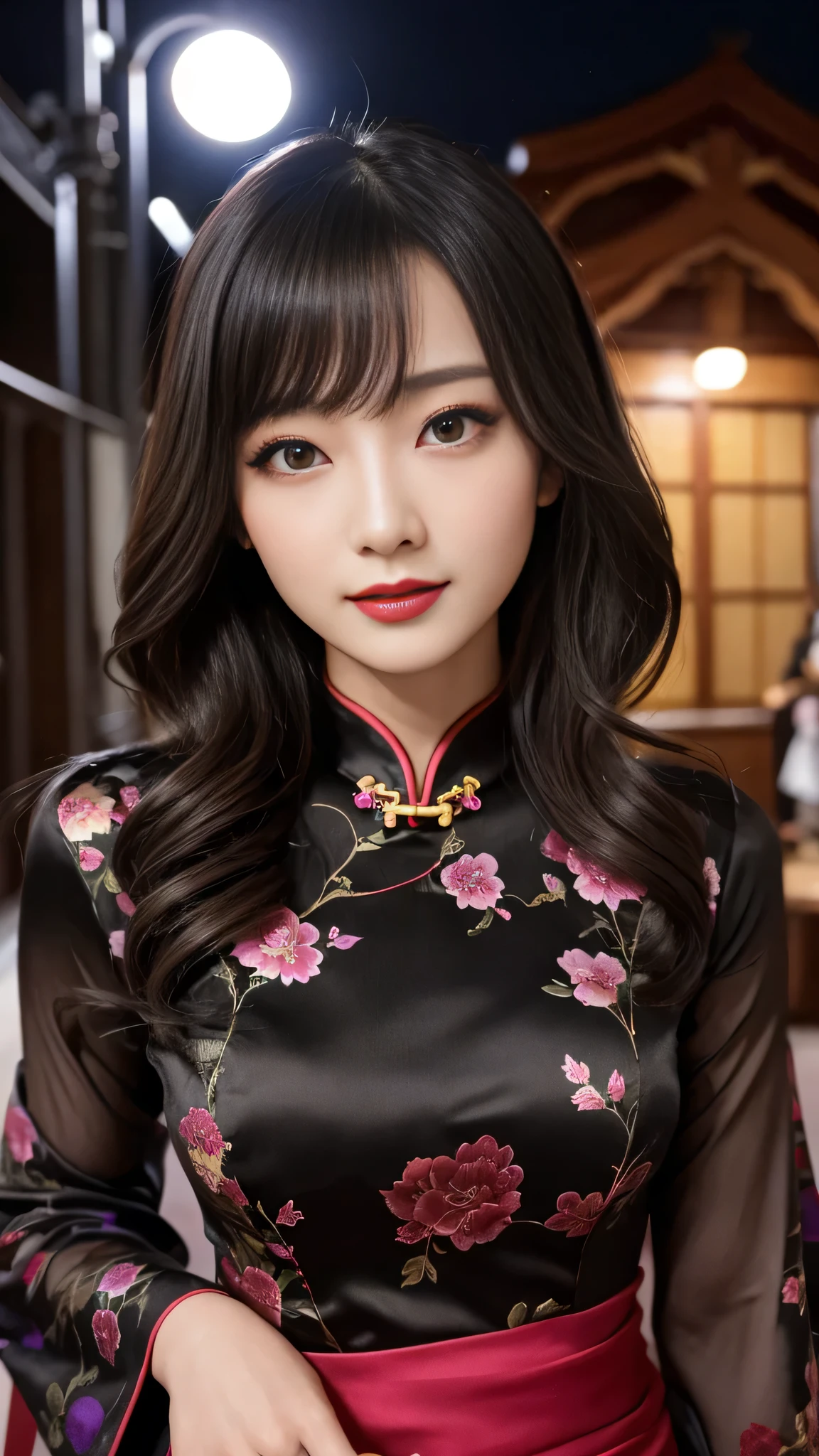 Super detailed、Japanese、charming beauty、seductive adult woman、Beautiful woman、sharp eyes、cool girl、wavy hair、long black cheongsam、wide sleeve、evilの幹部、evil depravity、brainwashing、Mind control、apply lipstick、grin、evilな表情、evil、empty eyes、evil、church at night、Hypnosia makeup brush