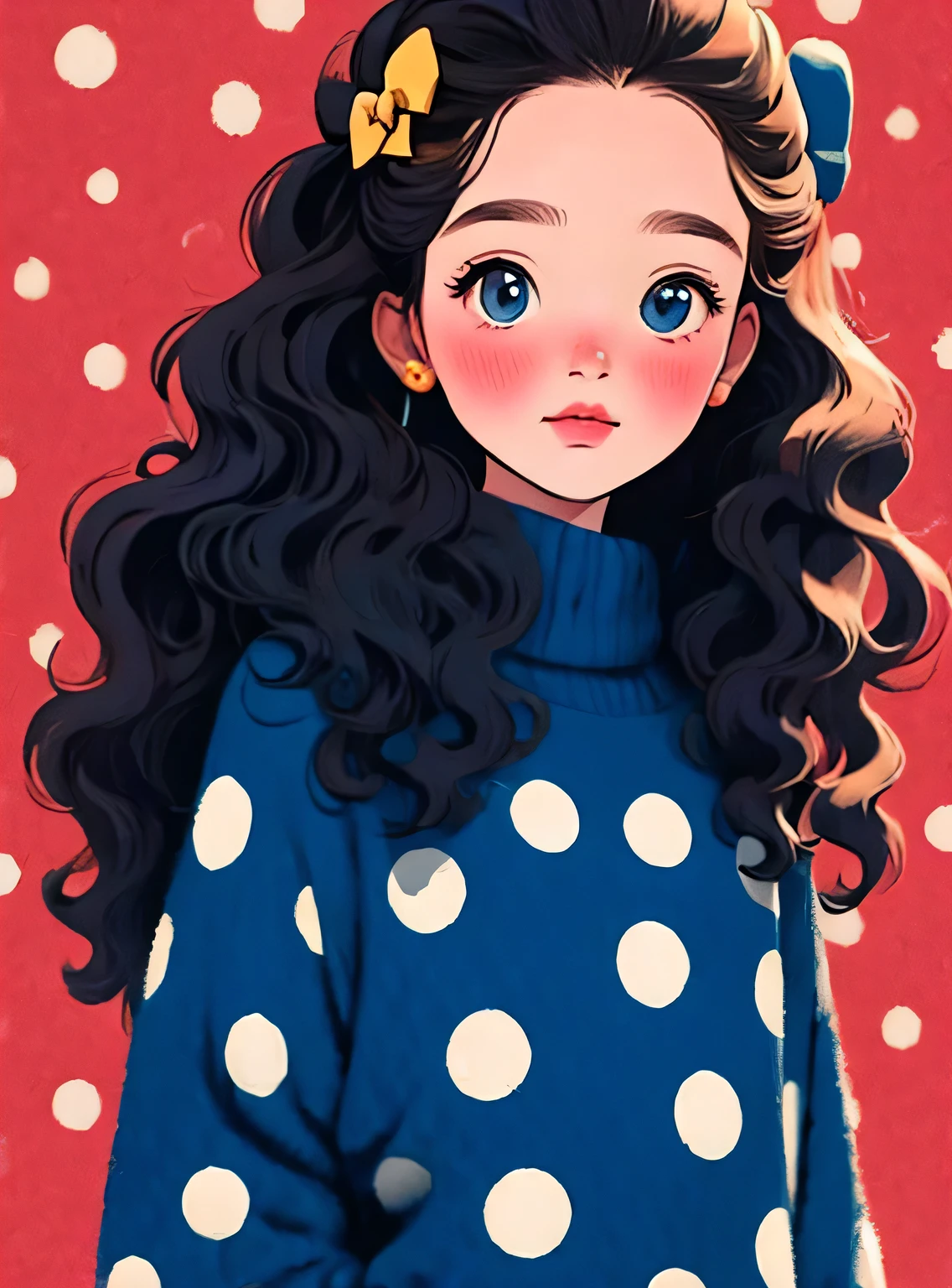 (obra de arte, melhor qualidade:1.2), 1 garota, sozinho，Cabelo ondulado，faixa de arco，polka dot sweater，Sweater Details，fundo limpo