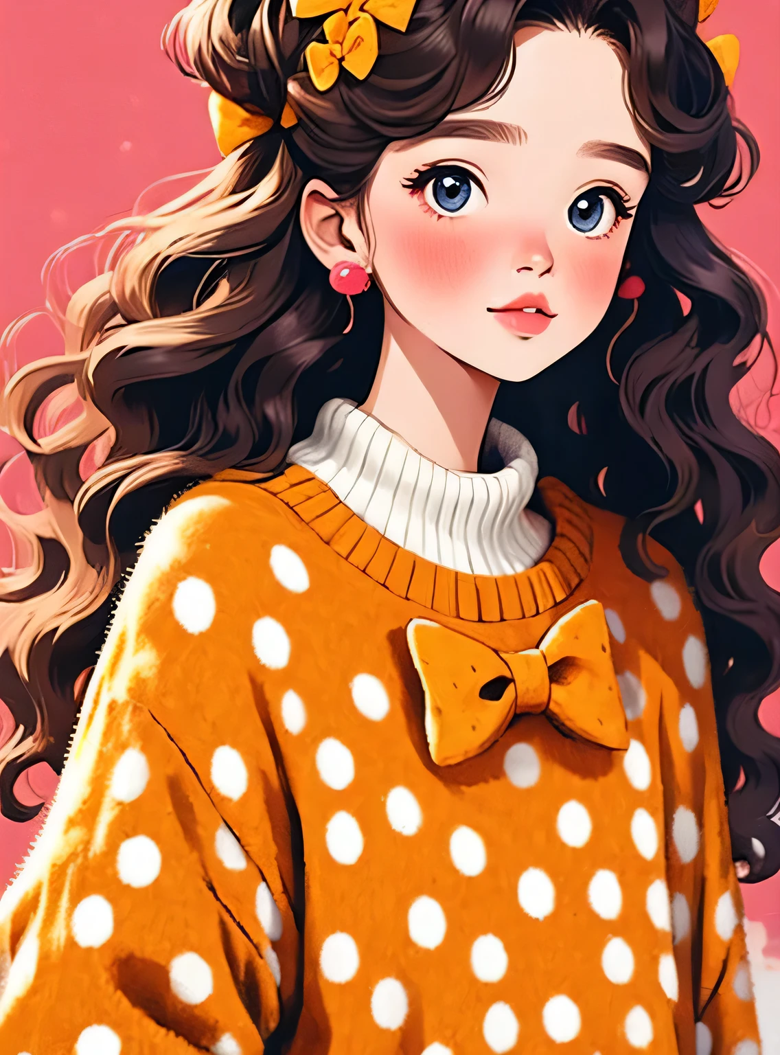 (obra de arte, melhor qualidade:1.2), 1 garota, sozinho，Cabelo ondulado，faixa de arco，polka dot sweater，Sweater Details，fundo limpo