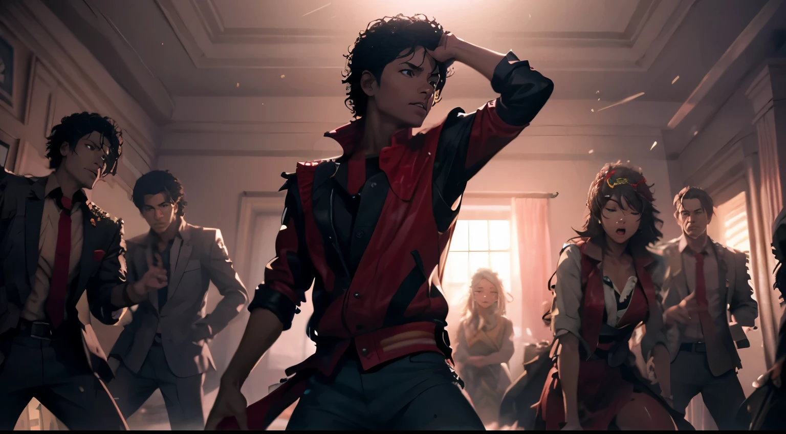 mjthriller surrouded by zombies, dancing King of POP, epic