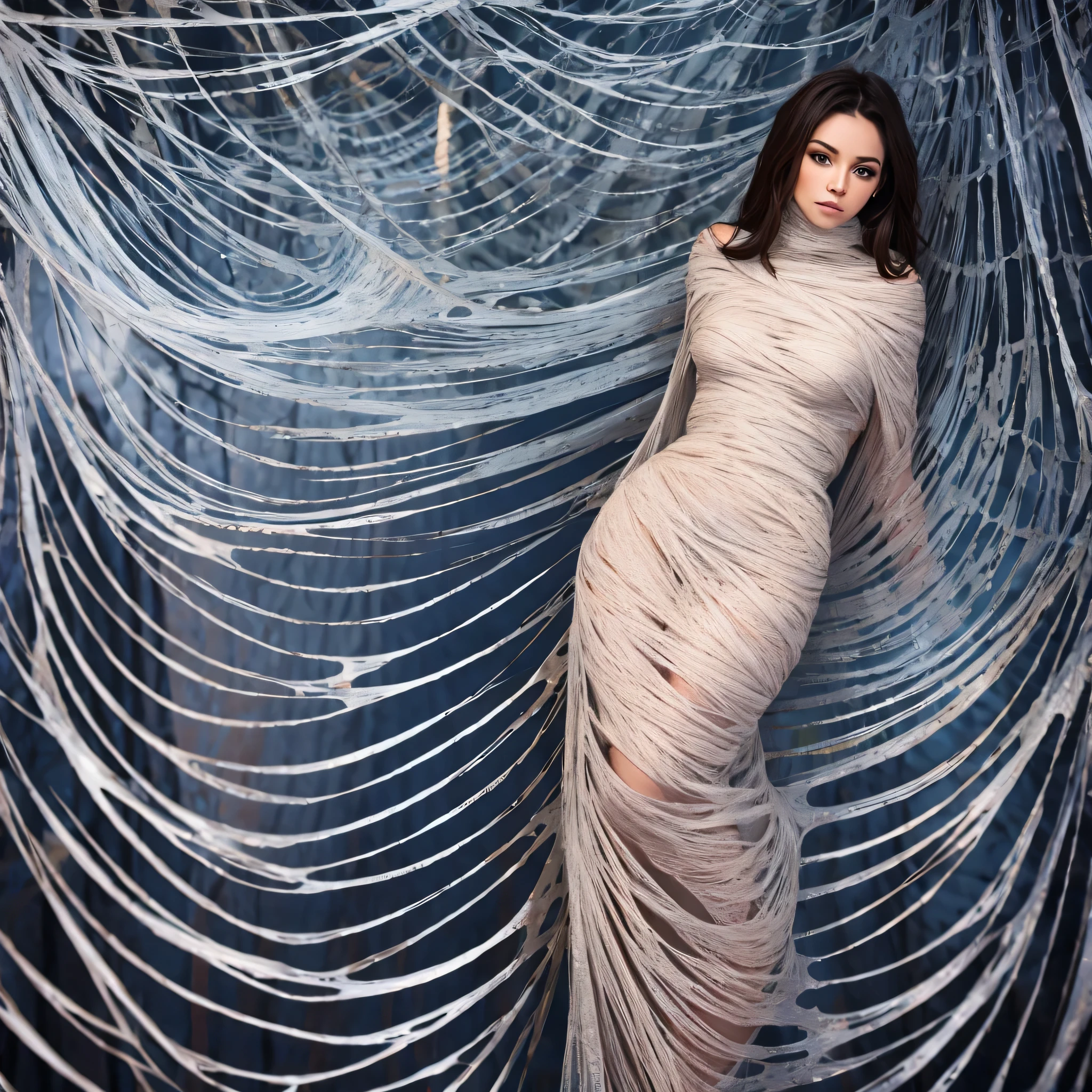 one girl tied up by another one with rope,(bright lighting,romantic setting),dreamy background,bondage,dark hair, mesmerizing gaze, , soft skin, alluring beauty, artistic portrait, high-quality image, vibrant colors, long silk gown, dressing room, (cocoon:1.4)