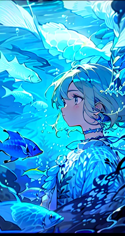 1girl, blue eyes, blue theme, fish, solo, jewelry, earrings, profile, bubble, choker, underwater, blue hair, short hair, blue choker, white hair, from side, air bubble, letterboxed, jellyfish, upper body, floating hair
