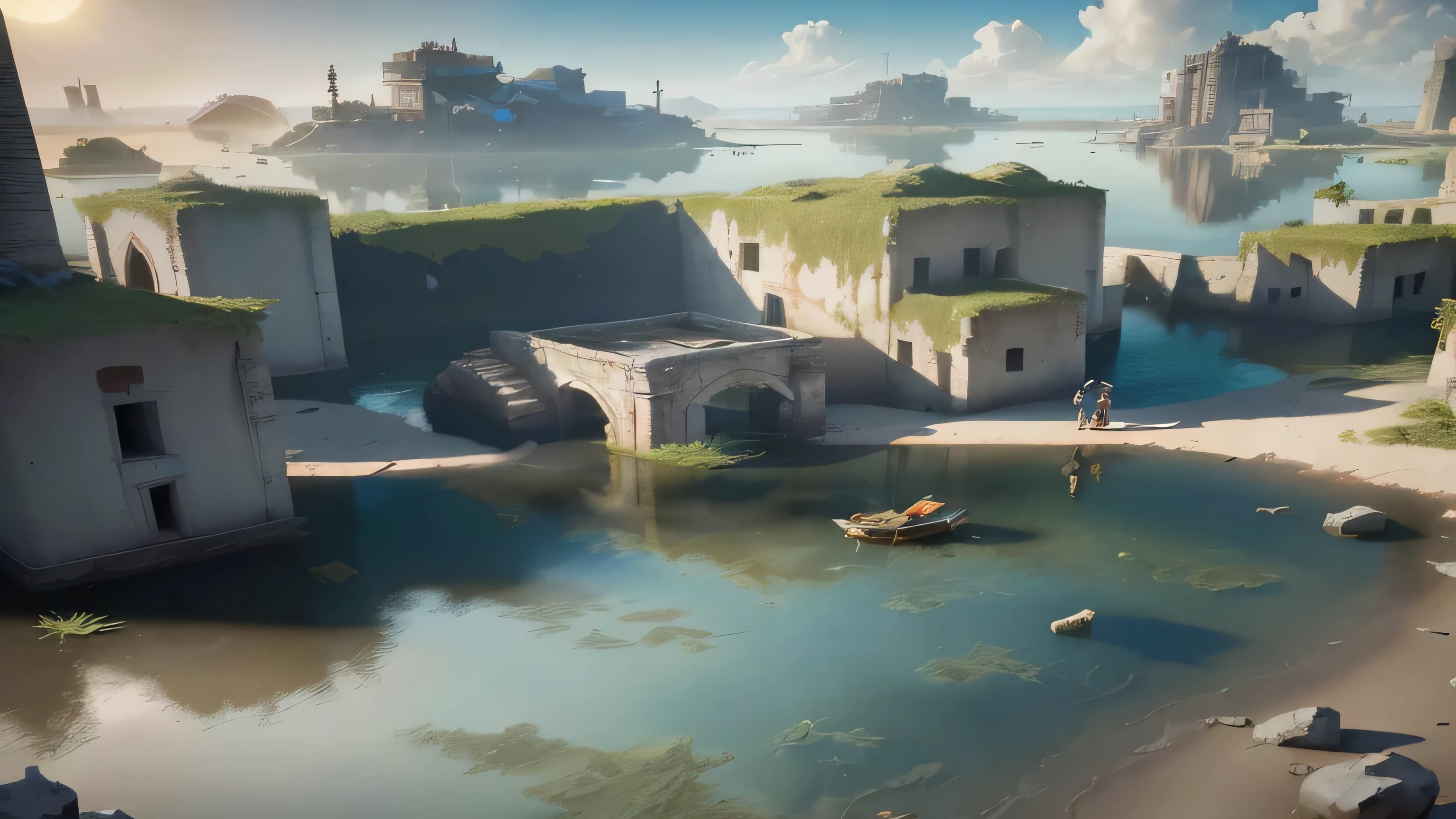 (8K, foto cruda, Mejor calidad, Obra maestra:1.2), (realista, photo-realista:1.37), renderizado de octanaje, Ultra high resolution, ultra detallado , Professional lighting, mapeo de fotones, radiosidad, physically based rendering, ue5, ((santuario de la isla)), ((ancient fallen kingdom)), ((reflejos en el agua)), ((trazado de rayos)), ((ciudad ahogada))