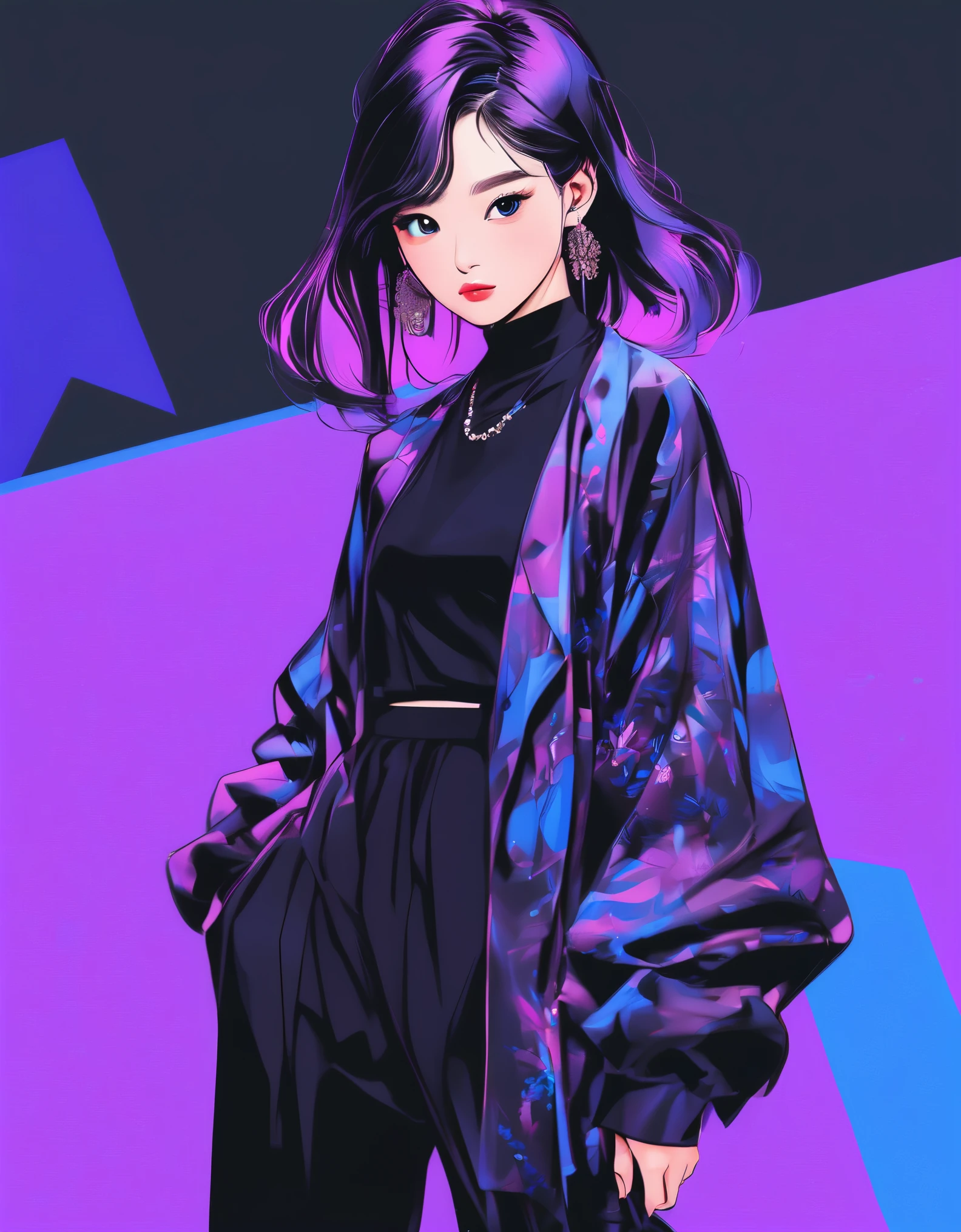Asian model, purple and blue background, black clothes