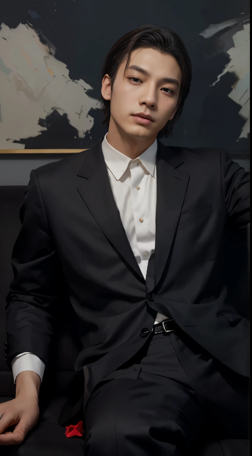 painting of a man in a suit lying on a sofa, inspired por Yanjun Cheng, por Yanjun Cheng, inspirado en Russell Dongjun Lu, beautiful androgynous prince, Rosa Tran style, cai xukun, inspirado en jeonseok lee, obra de arte al estilo de guweiz, Rosa Tran!!!, sakimichan frank franzzeta