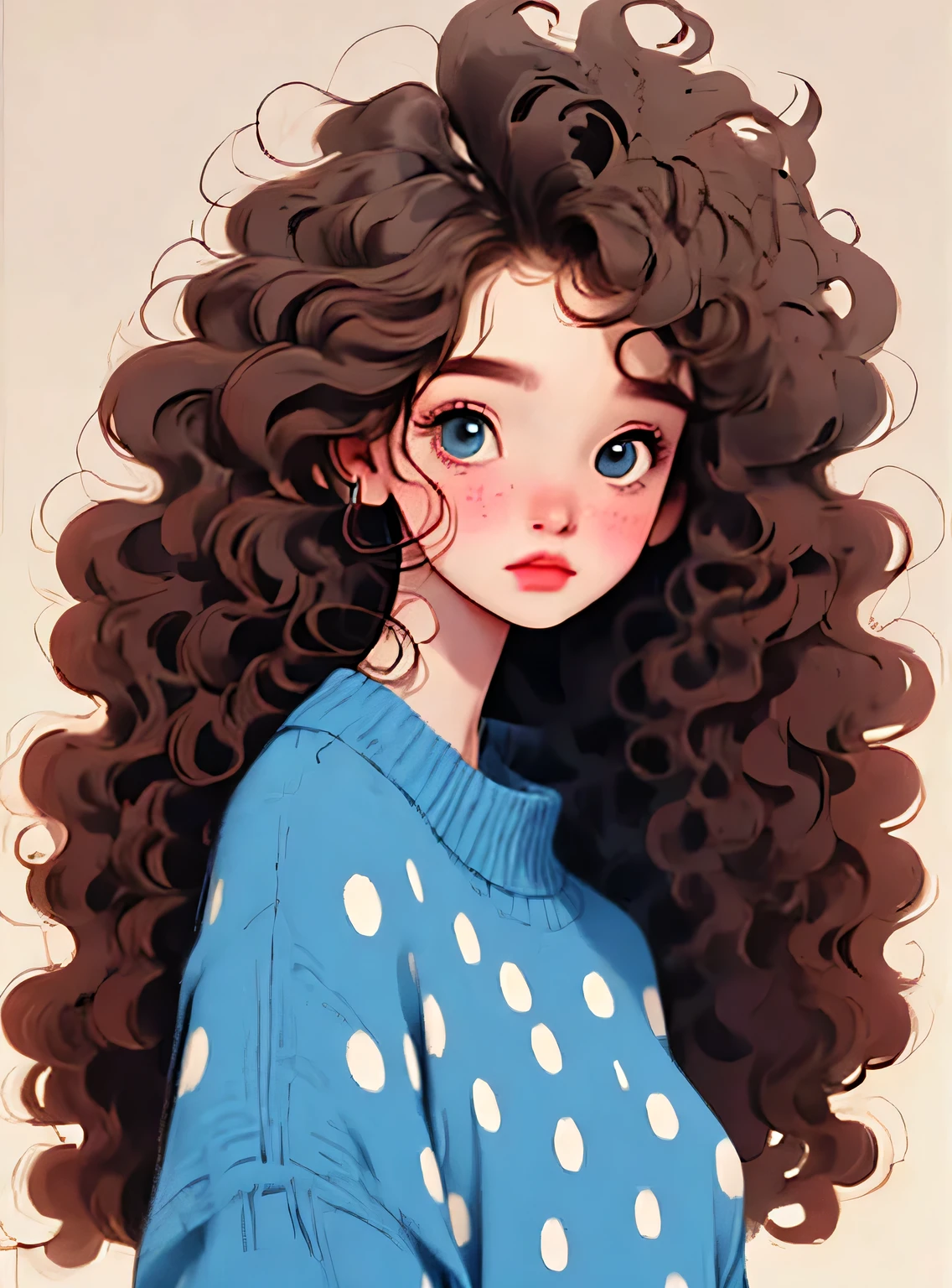 (melhor qualidade,4k,8K,high resolution,obra de arte:1.2),Super detalheed,(real,photoreal,photo-real:1.37),Unique style,kind girl sitting,cabelo exagerado,fofinho hair,pequenas sardas,exaggerated expression,Surrealismo, green polka dot sweater,detalhe,Crina,fofinho,Meia,fundo limpo,Hand-drawn style,drawing pencil,kind,Linhas suaves,silhueta limpa,Clean composition