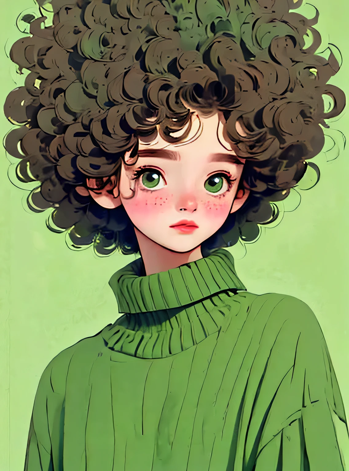 (melhor qualidade,4k,8K,high resolution,obra de arte:1.2),Super detalheed,(real,photoreal,photo-real:1.37),Unique style,kind girl sitting,cabelo exagerado,fofinho hair,pequenas sardas,exaggerated expression,Surrealismo, green polka dot sweater,detalhe,Crina,fofinho,Meia,fundo limpo,Hand-drawn style,drawing pencil,kind,Linhas suaves,silhueta limpa,Clean composition