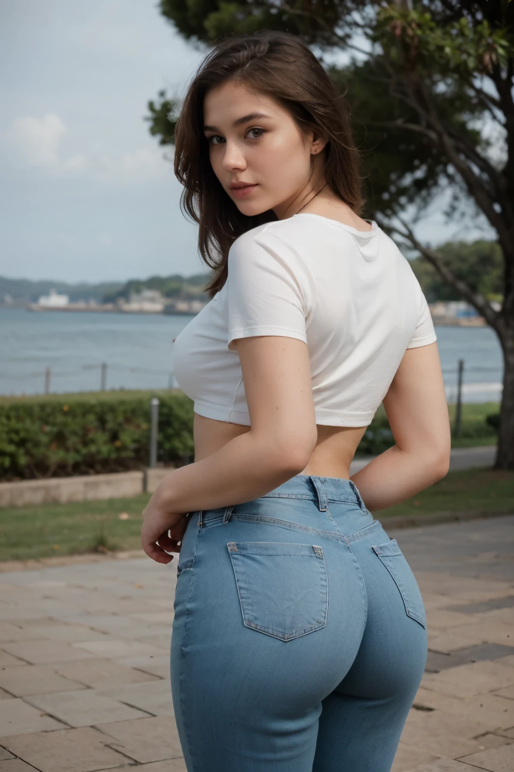 photography of a 20 yo woman with pronounced curves, perfect face, a voluminous butt, prominent breasts, masterpiece, with jean pants, a white top, in a park in the background with a view of the sea