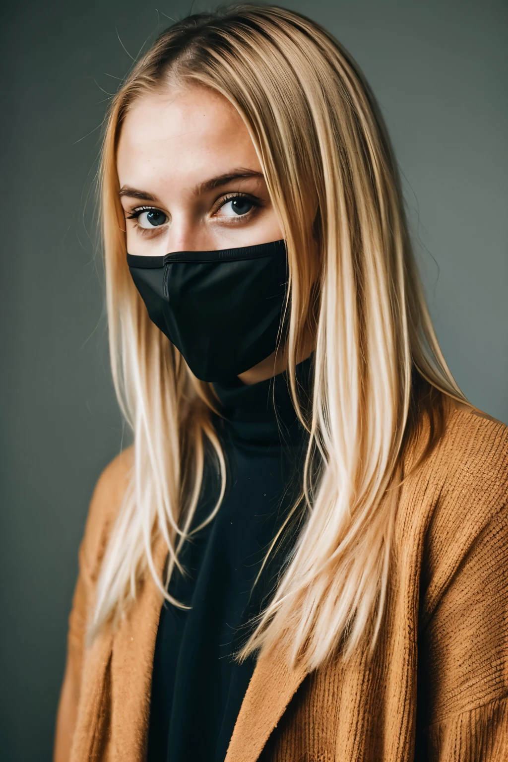 (portrait),topless,beautiful,happy blindfolded,23 years old,woman,wavy messy,shoulderlong,blonde hair,facial freckles, black sleepmask blindfold.