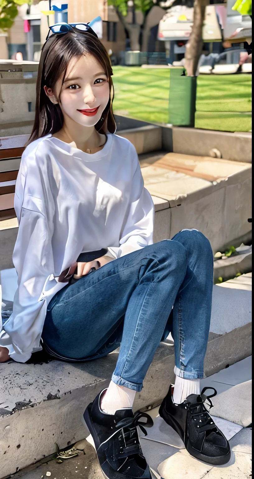 A neat and beautiful woman sitting on a park bench、black hair、Jacket、blouse、skinny denim、sneakers、socks slightly visible through shoes、refreshing smile、smiling showing teeth、full body photo、hairstyle short cut、hat