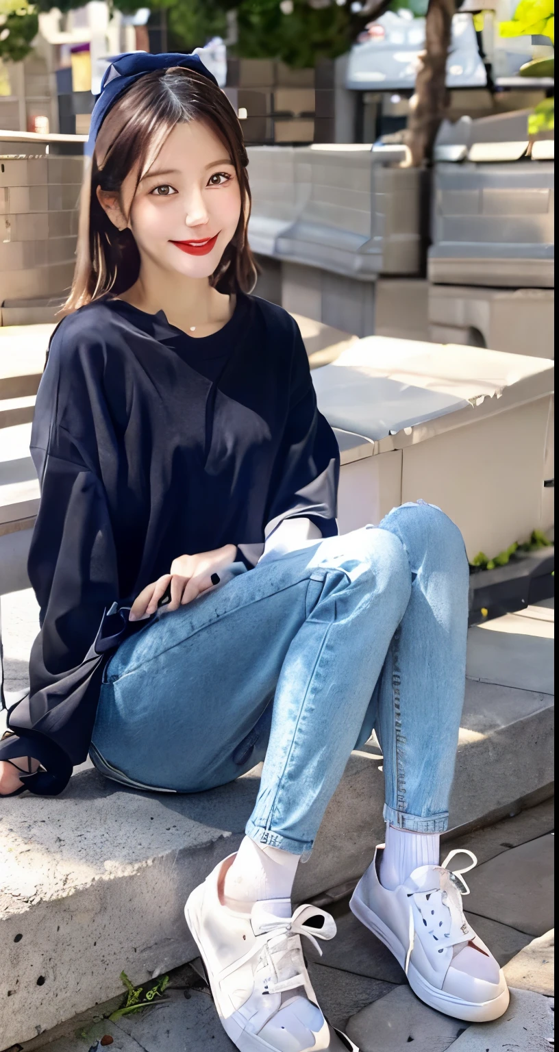 A neat and beautiful woman sitting on a park bench、black hair、Jacket、blouse、skinny denim、sneakers、socks slightly visible through shoes、refreshing smile、smiling showing teeth、full body photo、hairstyle short cut、hat
