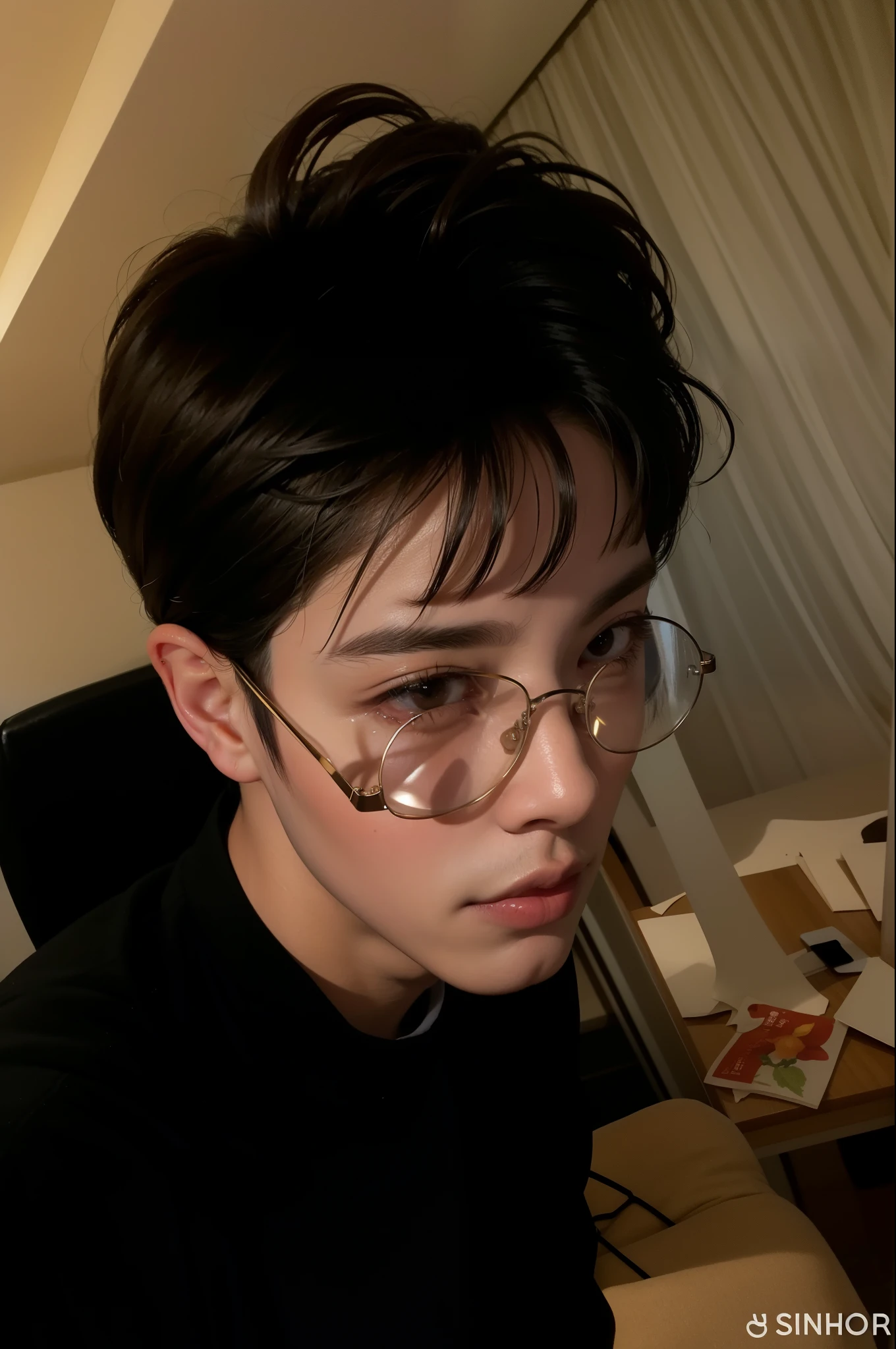 there is a man with glasses on looking down, Jeon Jungkook do BTS, Ulzzang masculino, Jinyoung Shin, inspirado em Jeon Jungkook, with glasses, with glasses pratas, profile picture with headshot, Heise Jinyao, Jung Jaehyun, Kim Doyoung,Jinyoung Shin aesthetic, Yanjun Chengt, Jeon Jungkook do BTS