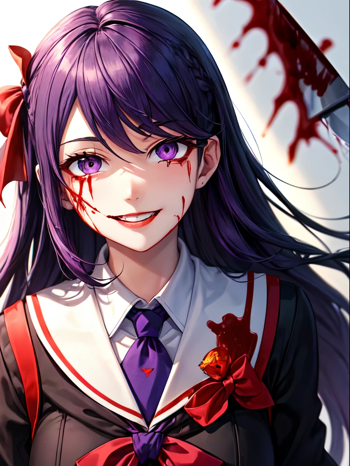 ((yandere, yandere simulator, crazy, blood, blood on the face, blood stains, blood stained clothes, knife)), (long hair, purple hair, purple eyes, bright eyes, high school uniform), dramatic lighting, reddish lighting, blurred background, looking at us, crazy smile, evil smile
