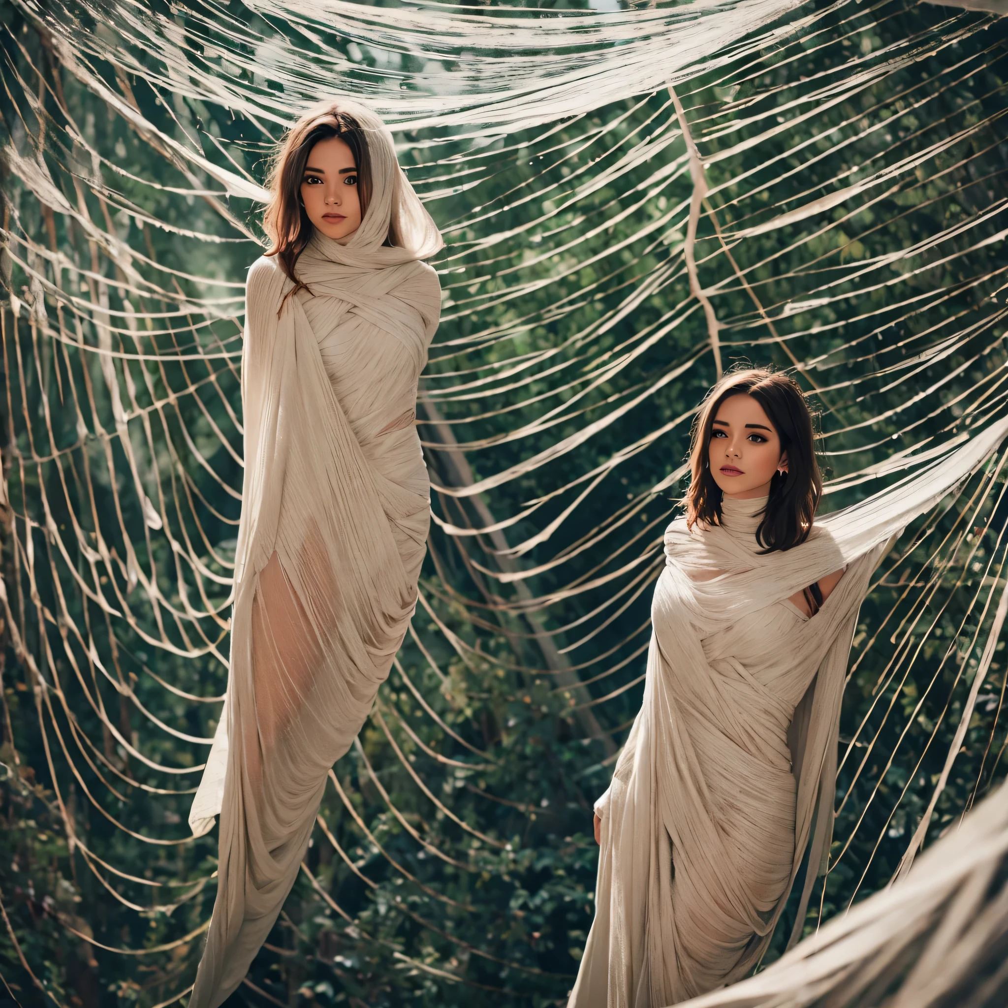 one girl tied up by another one with rope,(bright lighting,romantic setting),dreamy background,bondage,dark hair, mesmerizing gaze, , soft skin, alluring beauty, artistic portrait, high-quality image, vibrant colors, long silk gown, dressing room, (cocoon:1.2)