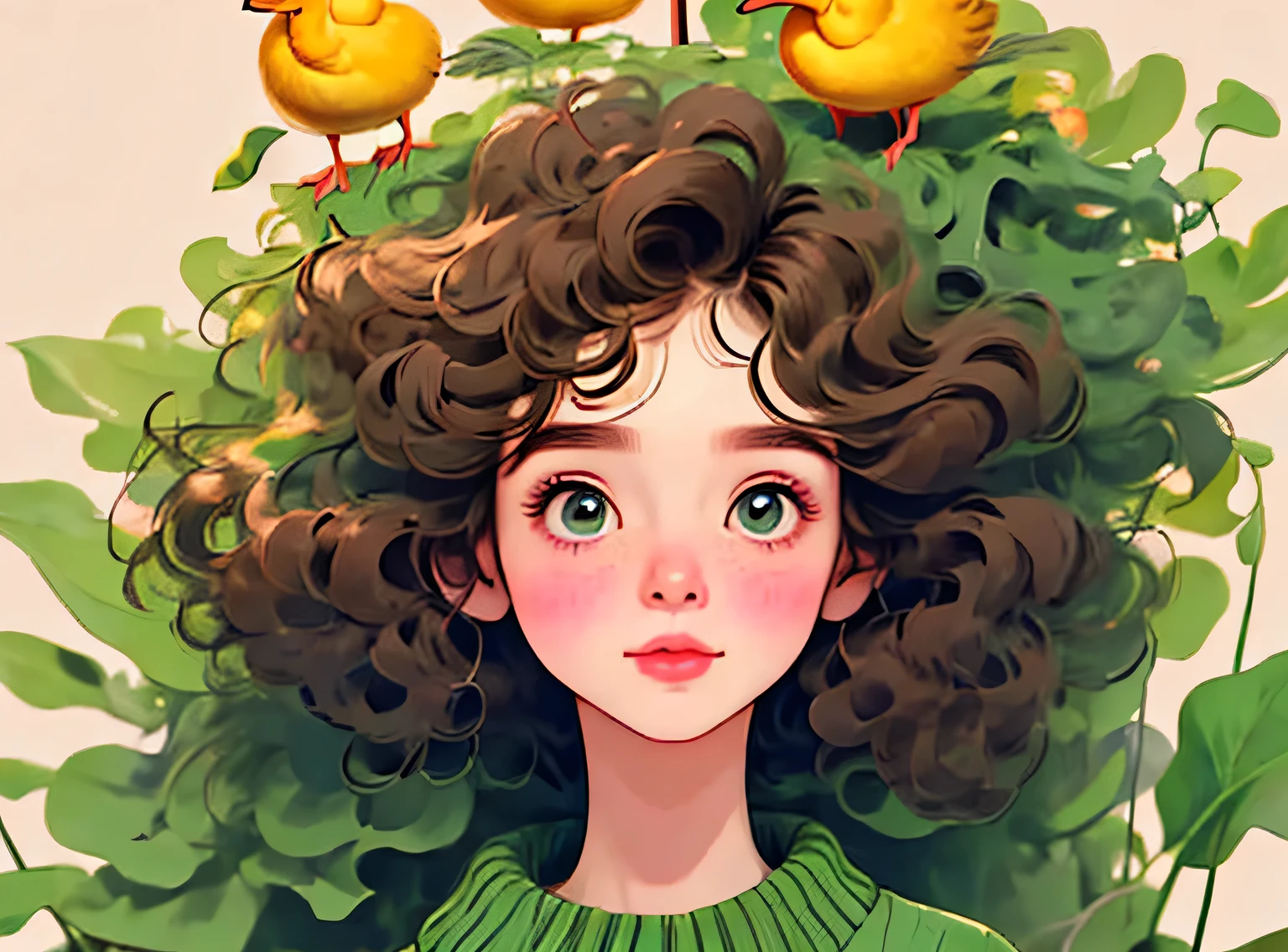 (melhor qualidade,4k,8K,high resolution,obra de arte:1.2),Super detalheed,(real,photoreal,photo-real:1.37),Unique style,kind girl sitting,cabelo exagerado,fofinho hair,pequenas sardas,exaggerated expression,Surrealismo,Duck egg green polka dot sweater,detalhe,Crina,fofinho,Meia,fundo limpo,Hand-drawn style,drawing pencil,kind,Linhas suaves,silhueta limpa,Clean composition