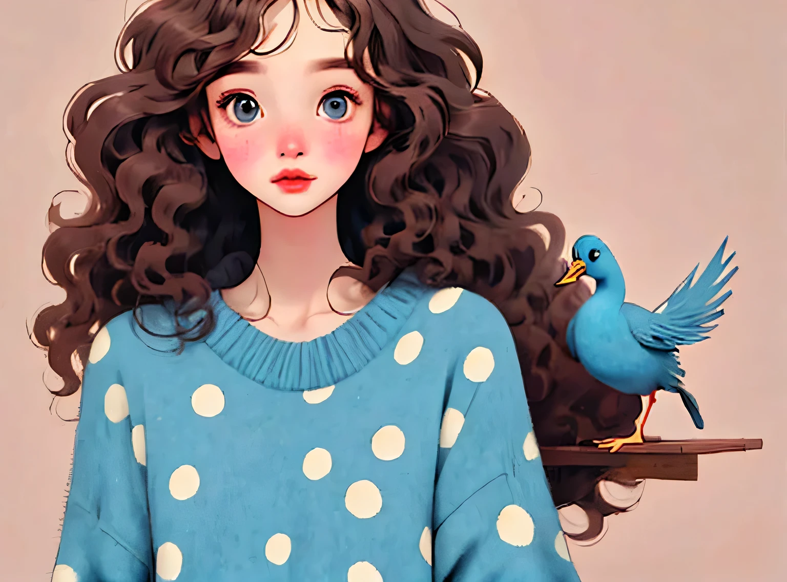 (melhor qualidade,4k,8K,high resolution,obra de arte:1.2),Super detalheed,(real,photoreal,photo-real:1.37),Unique style,kind girl sitting,cabelo exagerado,fofinho hair,pequenas sardas,exaggerated expression,Surrealismo,Duck egg green polka dot sweater,detalhe,Crina,fofinho,Meia,fundo limpo,Hand-drawn style,drawing pencil,kind,Linhas suaves,silhueta limpa,Clean composition