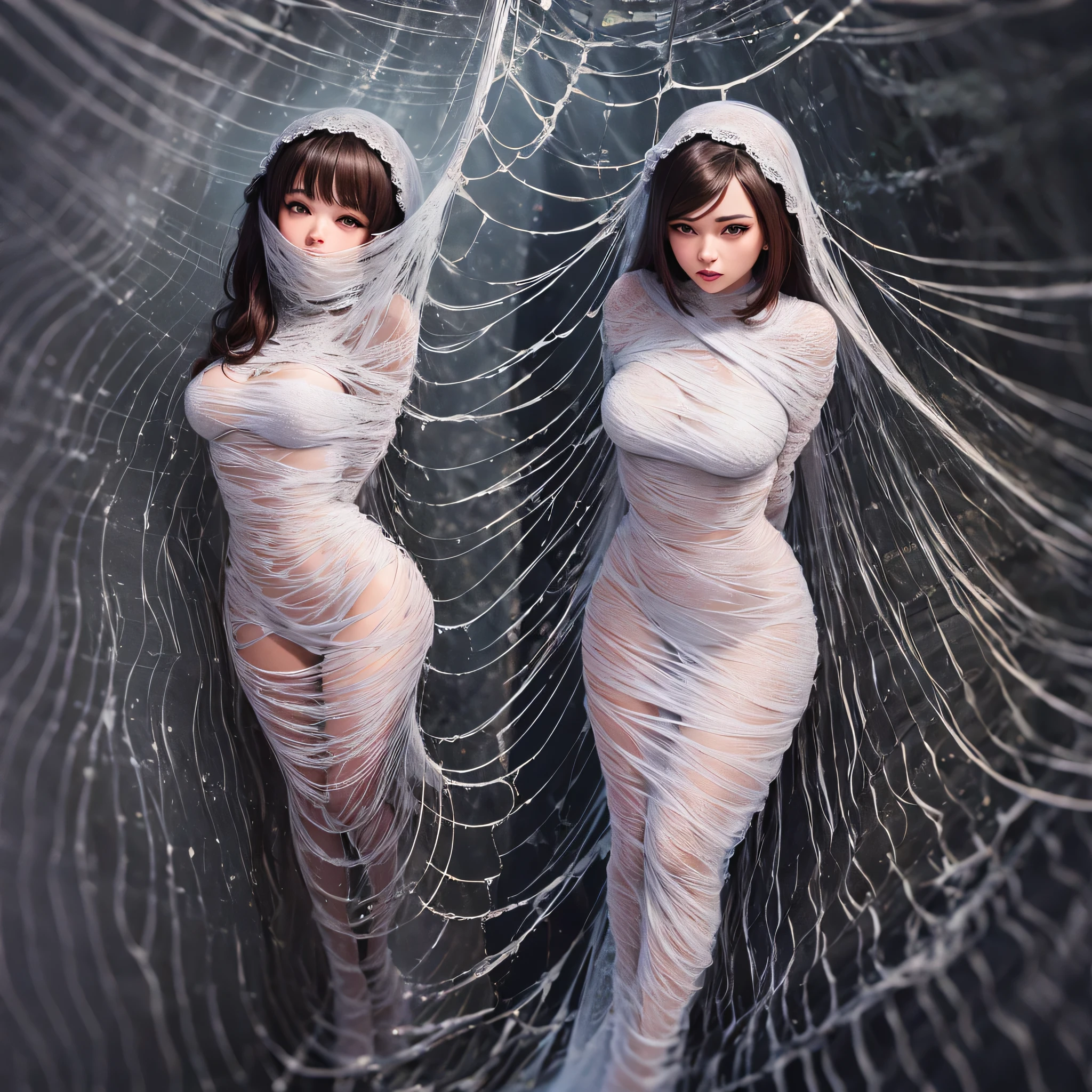 one girl tied up by another one with rope,(bright lighting,romantic setting),dreamy background,bondage,dark hair, mesmerizing gaze, , soft skin, alluring beauty, artistic portrait, high-quality image, vibrant colors, long silk gown, dressing room, (cocoon:1.2)