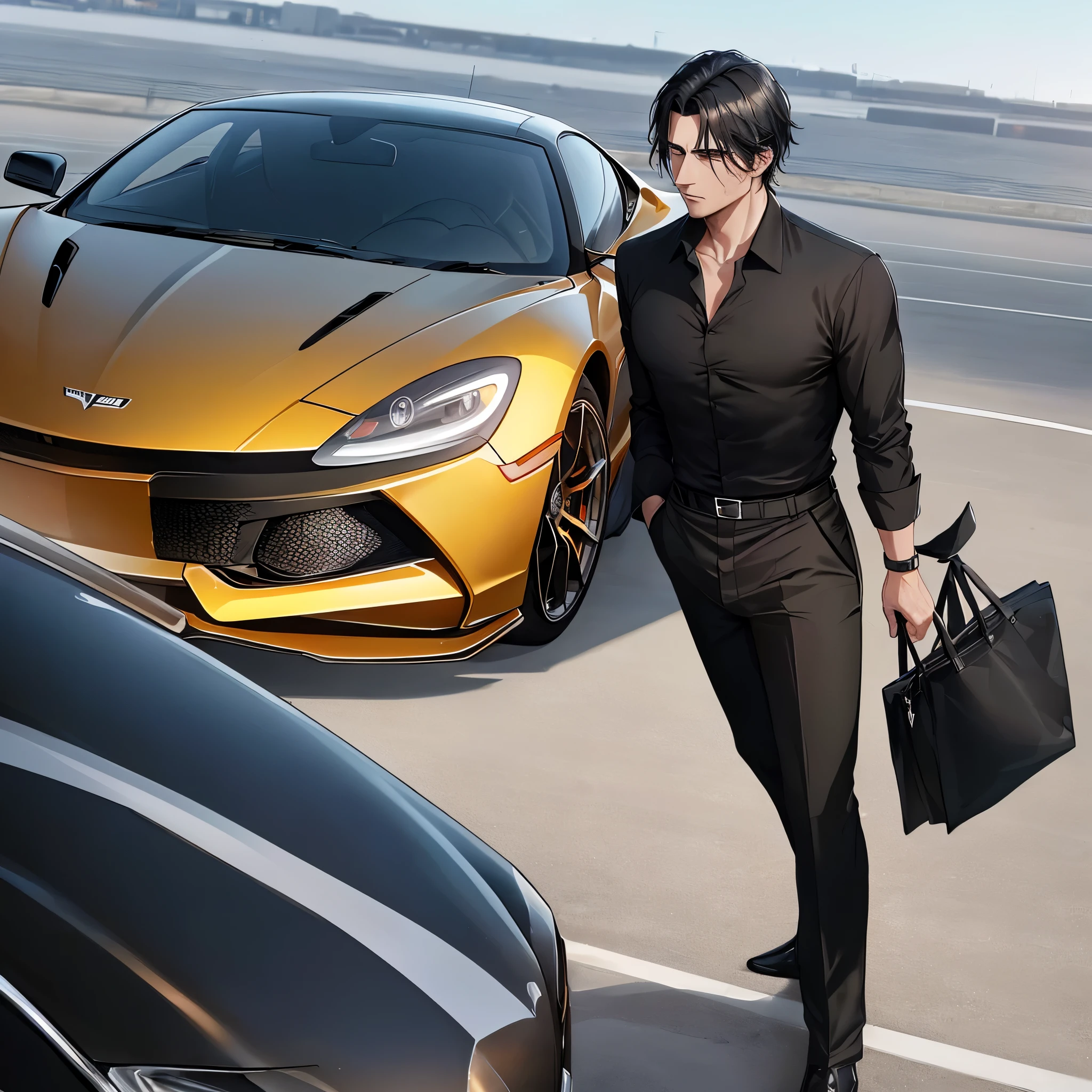 Masterpiece, top quality, high resolution:
A 25-year-old man with jet-black eyes and raven-black hair stands before a sleek, black Mclaren car on an airstrip. (Solo:1.0)
He gazes intently at the vehicle, dressed in tailored black slacks and a fitted black polo shirt. (High resolution:1.4)
The sun sets in the background, casting an ambient, golden glow over the scene. (Grasp:1.2)
The man's sharp features are highlighted by the contrast between his dark hair and the bright reflections of the car. (3/4 view:1.1)