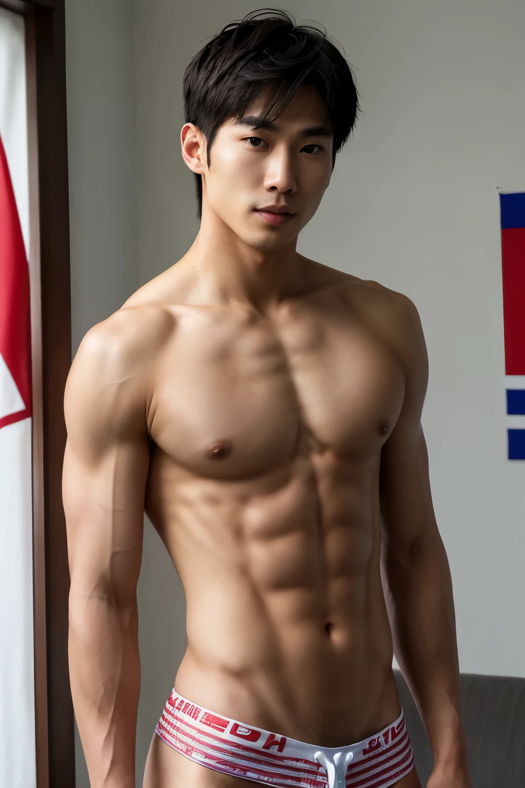 1 man, Beautiful eyes and face details, shirtless, nice body and defined muscles, best quality, Close-up, toned body, (Korean male model) hot skin, master piece, Best qualities, Most beautiful man in the world, Handsome Asian Man with 🇰🇷 Korea Flag on his background, full body shot,