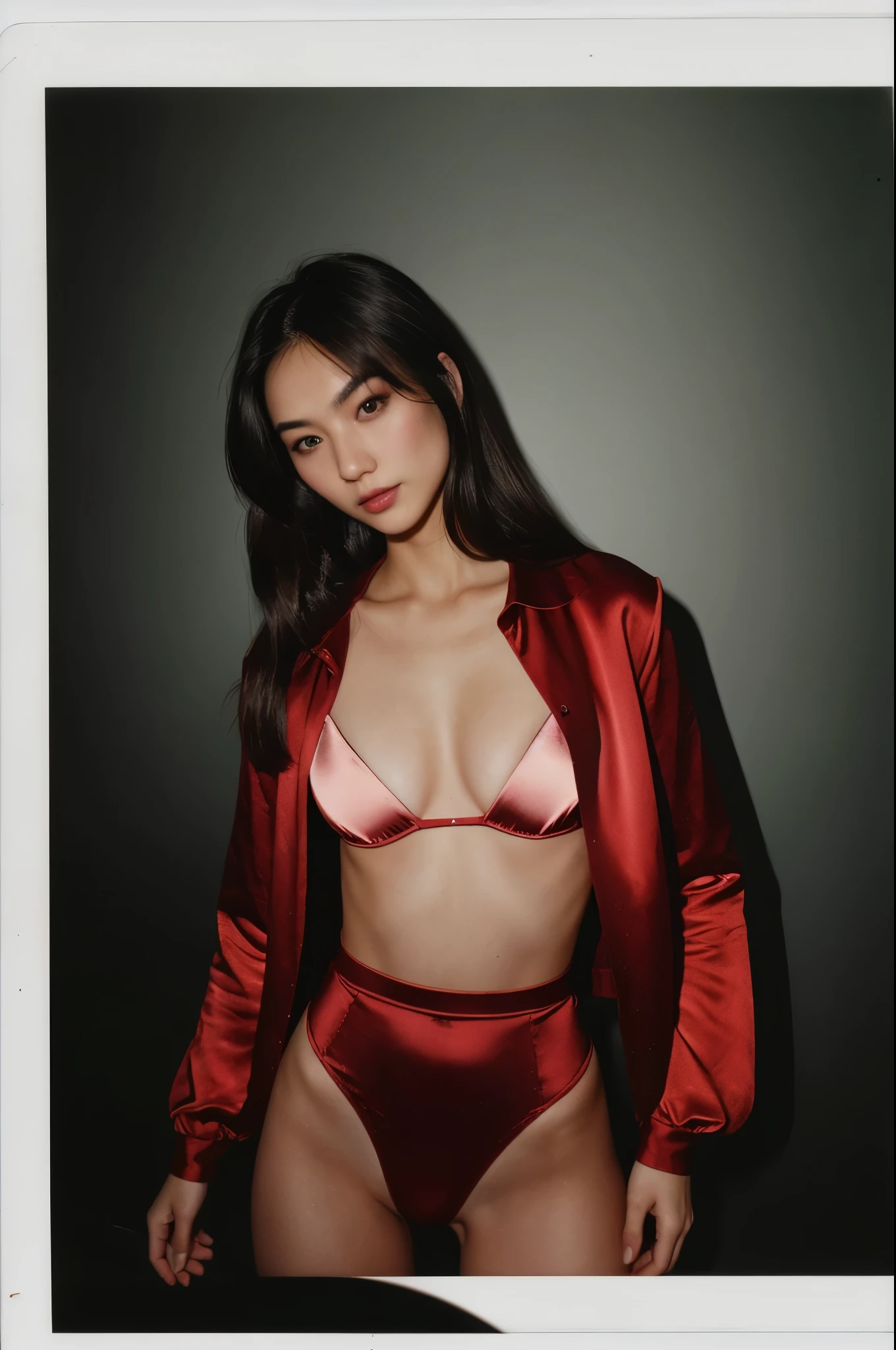 arafed instagram supermodel, asian features, mid-length brunette hair, pale skin, perfect face, looking hot, victoria secret body, janet, harsh polaroid flash, vintage quality, in the night, dark background, one girl, vogue, red silk