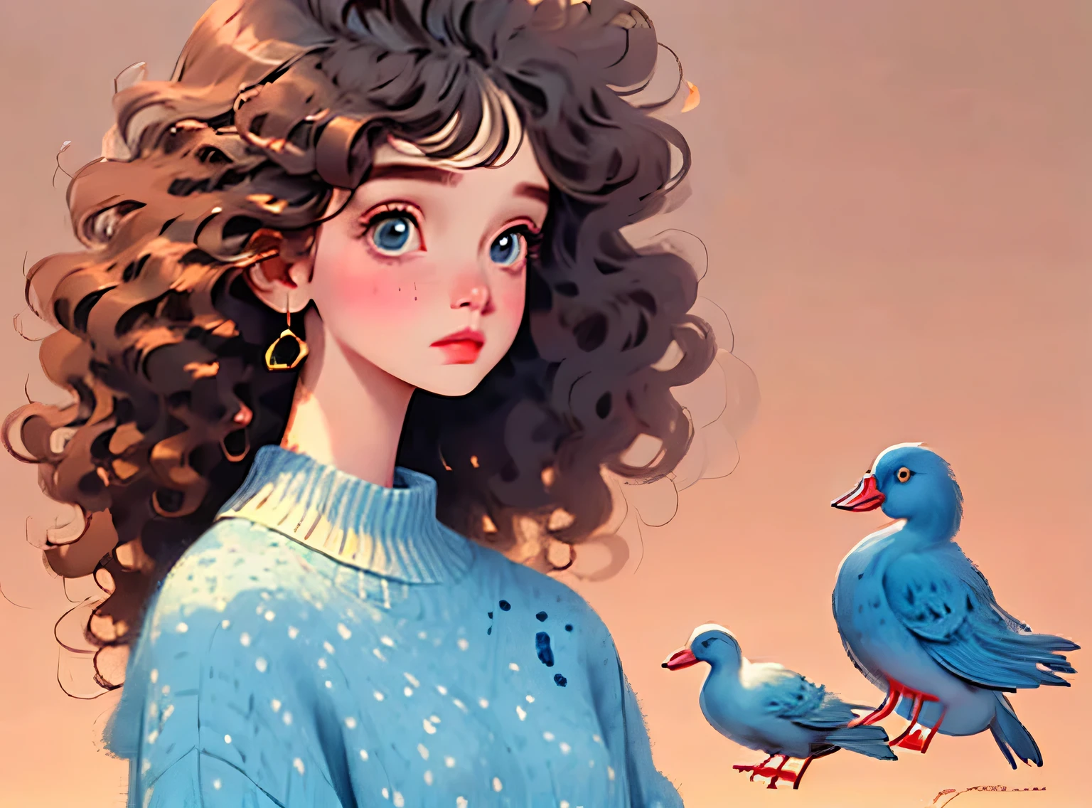 (melhor qualidade,4k,8K,high resolution,obra de arte:1.2),Super detalheed,(real,photoreal,photo-real:1.37),Unique style,kind girl sitting,cabelo exagerado,fofinho hair,pequenas sardas,exaggerated expression,Surrealismo,Duck egg green polka dot sweater,detalhe,Crina,fofinho,Meia,fundo limpo,Hand-drawn style,drawing pencil,kind,Linhas suaves,silhueta limpa,Clean composition