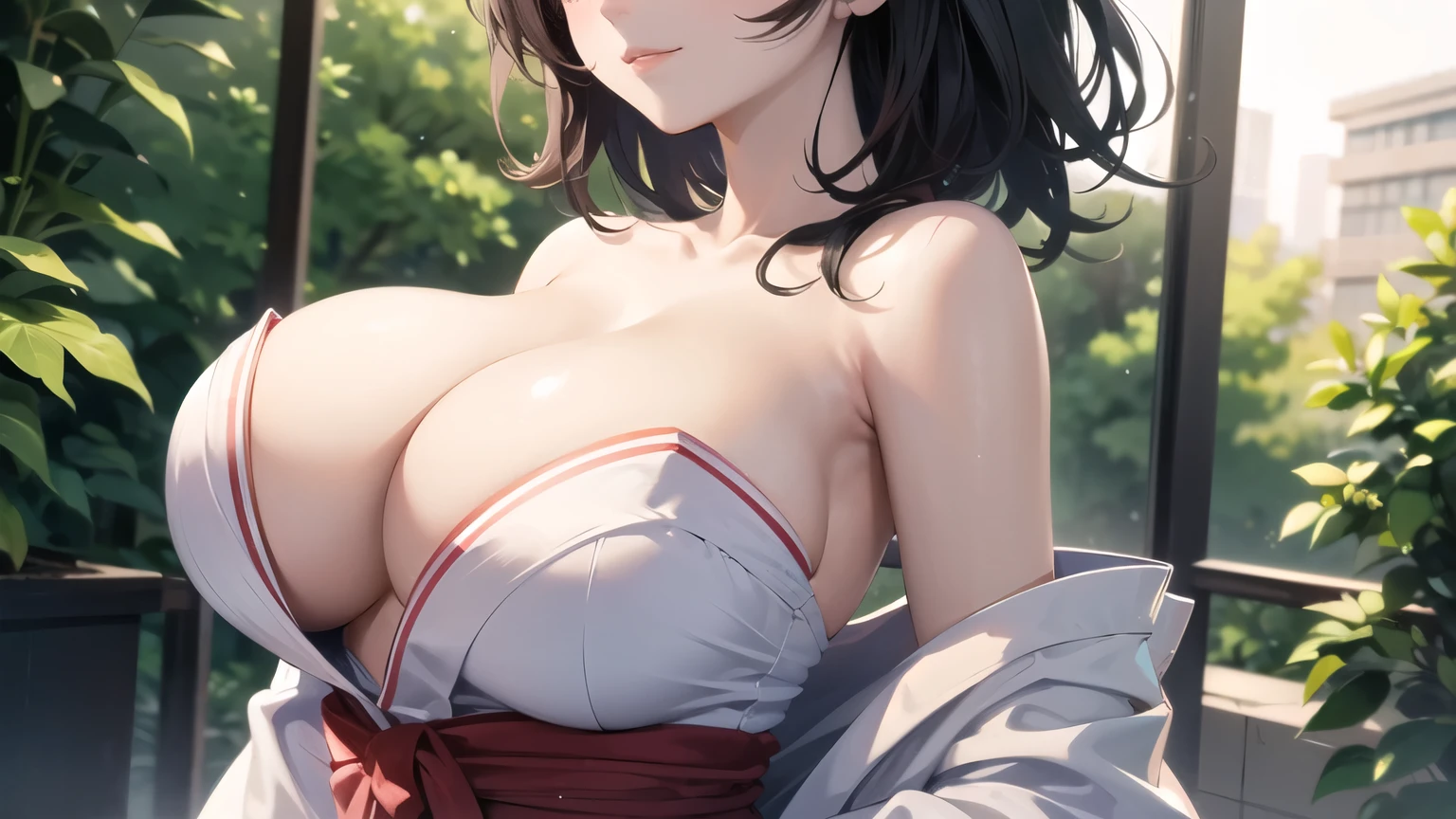(((masterpiece, best quality))), (((superior quality))), cute girl, ((extremely detailed girl)), (huge breasts), (yukata), (bare shoulders), strapless top, slight smile