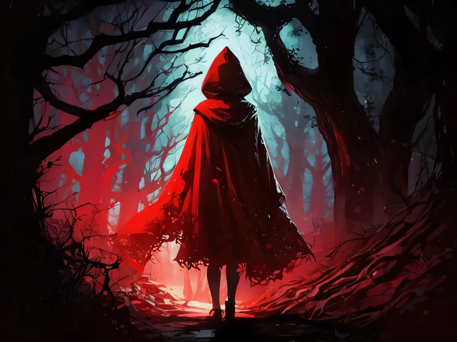 a close up of a person in a red cloak walking through a forest, thief red riding hood, red riding hood, dressed in a beautiful red cloak, little red riding hood, red hooded mage, a red cape, red hoods, red cloak, horror fairy tale, witch in the woods, red cape, painted by andreas rocha, dan mumford tom bagshaw