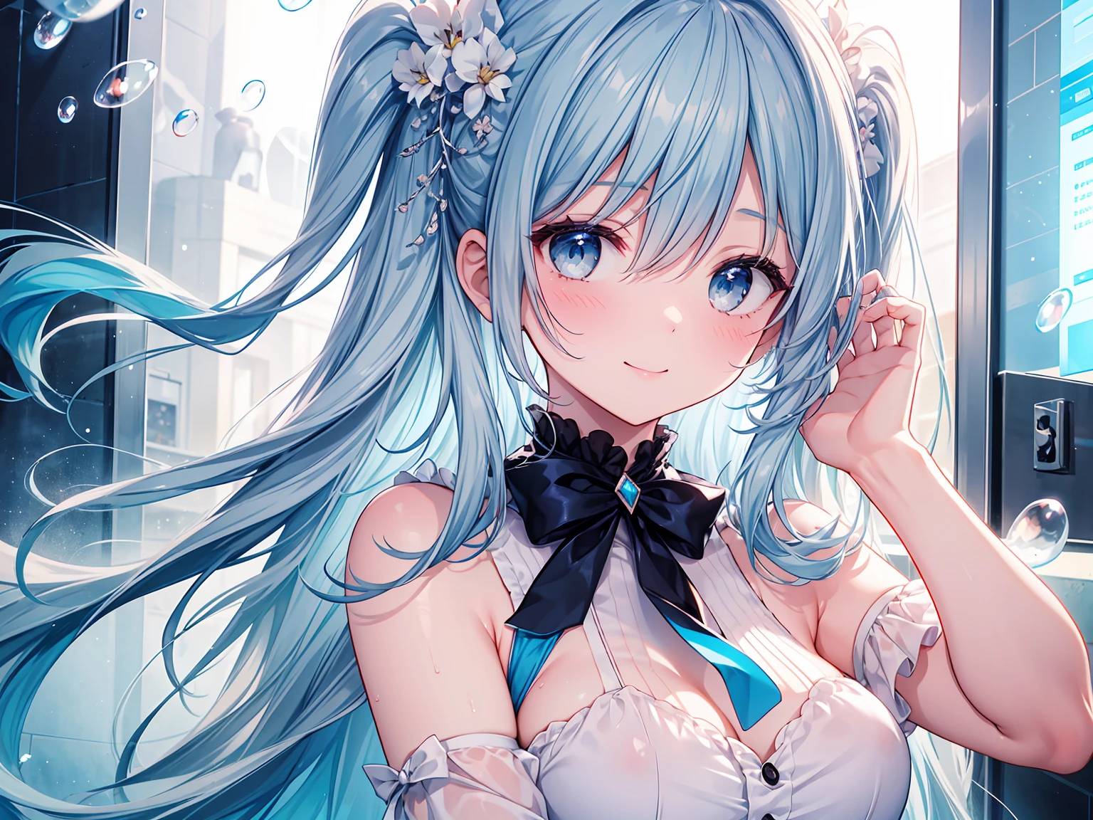 masterpiece, best quality, extremely detailed, (illustration, official art:1.1), 1 girl ,(((( light blue long hair)))), light blue hair, ,10 years old, long hair ((blush)) , small breasts,cute face, big eyes, masterpiece, best quality,(((((a very delicate and beautiful girl))))),Amazing,beautiful detailed eyes,blunt bangs((((little delicate girl)))),tareme(true beautiful:1.2),seductive smile, sense of depth,dynamic angle,,,, (show off own areola slip:1.2)affectionate smile, ,(tiny 1girl model:1.2) ((masterpiece, best quality, extremely detailed, absurdres)), focused leg, wet, sweat, shiny skin, open stance,, restrained, , point light, sweatdrop,light smile, gasping , spread legs,{{{official art}}}, 
Western-style bathroom、Bubble bath、Bubble background、Comical and lively background、Colorful soap bubble background、Comical and cute appearance、Bubbles、Covered in bubbles、Woman taking a bubble bath、Covered in bubbles、Facial expression close-up、long hair with blue hair and red highlights,,,,,,Pure Innocence、blue Eyeliner、View here、 legs raised、Overflowing bubbles、Bubble clouds、comic strip、Anime deformation illustration、She is buried in bubbles、Side Camera Angle viewer