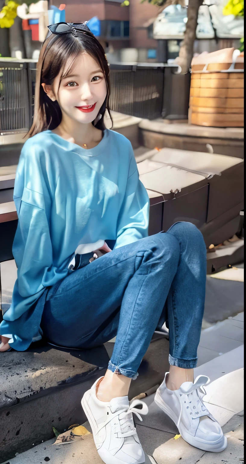 A neat and beautiful woman sitting on a park bench、black hair、Jacket、blouse、skinny denim、sneakers、socks slightly visible through shoes、refreshing smile、smiling showing teeth、full body photo、hairstyle short cut、hat