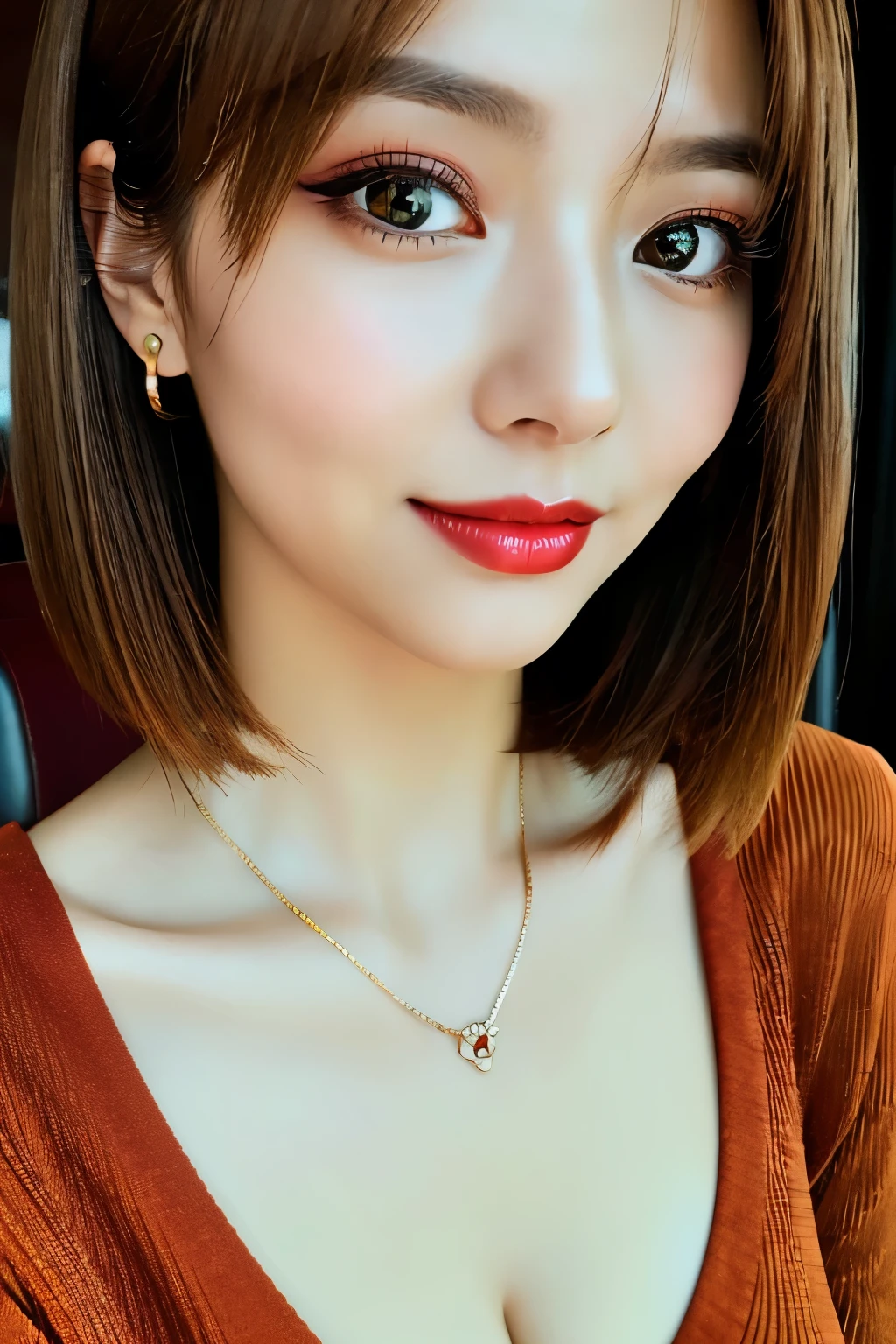(Best image quality、Highest quality、Highest Resolution、masterpiece、detailed、Actual Photos)、Beautiful and sexy 20 year old、((Long curly hair of light brown color))、Laughter、((Beautiful makeup with very dark eyes))、Bright red lipstick、necklace、Larger earrings、ring、(Quite lean body)、((It's a full body shot))、Fashion colors are calm colors、(Quite small:1.3)、(Tiny lace bra and tiny lace panties)、Patterned blouse、mini skirt、High heels、Shoulder bag、(They are having a pleasant conversation standing in the lounge of a luxury hotel..)、((Skirt flip))