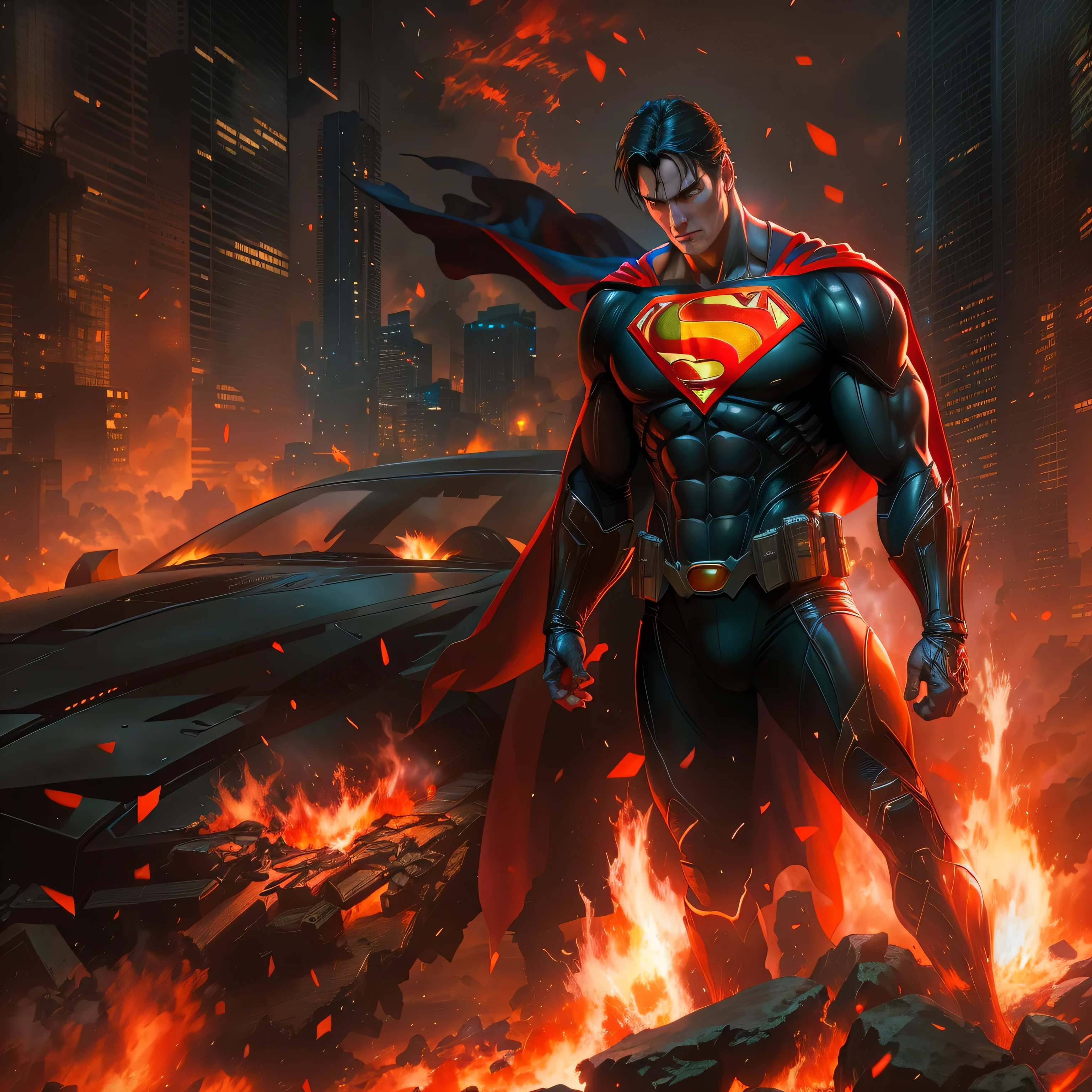Superman in dark knight costume in front of a fire, epic anime art, artgerm craig mullins, anime concept hdr anime macmanus, jin - roh, by Arthur Pan, antoine collignon, by Yang J, with bright red eyes, style of raymond swanland, artgerm and craig mullins, red son, dan mumford. 8k octane rendering