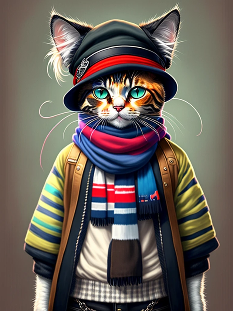 a painting of a cat wearing a hat and scarf, trending in the art station, dressed in punk clothes, detailed hyper realistic rendering, british gang member, street style, intimidating pose, planet of the cats, clothes with fashion, urban samurai, meow, west slavic features, 8 1 5