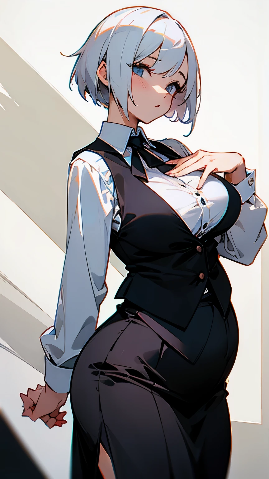 vertical painting,a woman,majestic mother,plump breasts,white short hair,white shirt,black vest,black skirt,Occupation is bank manager。