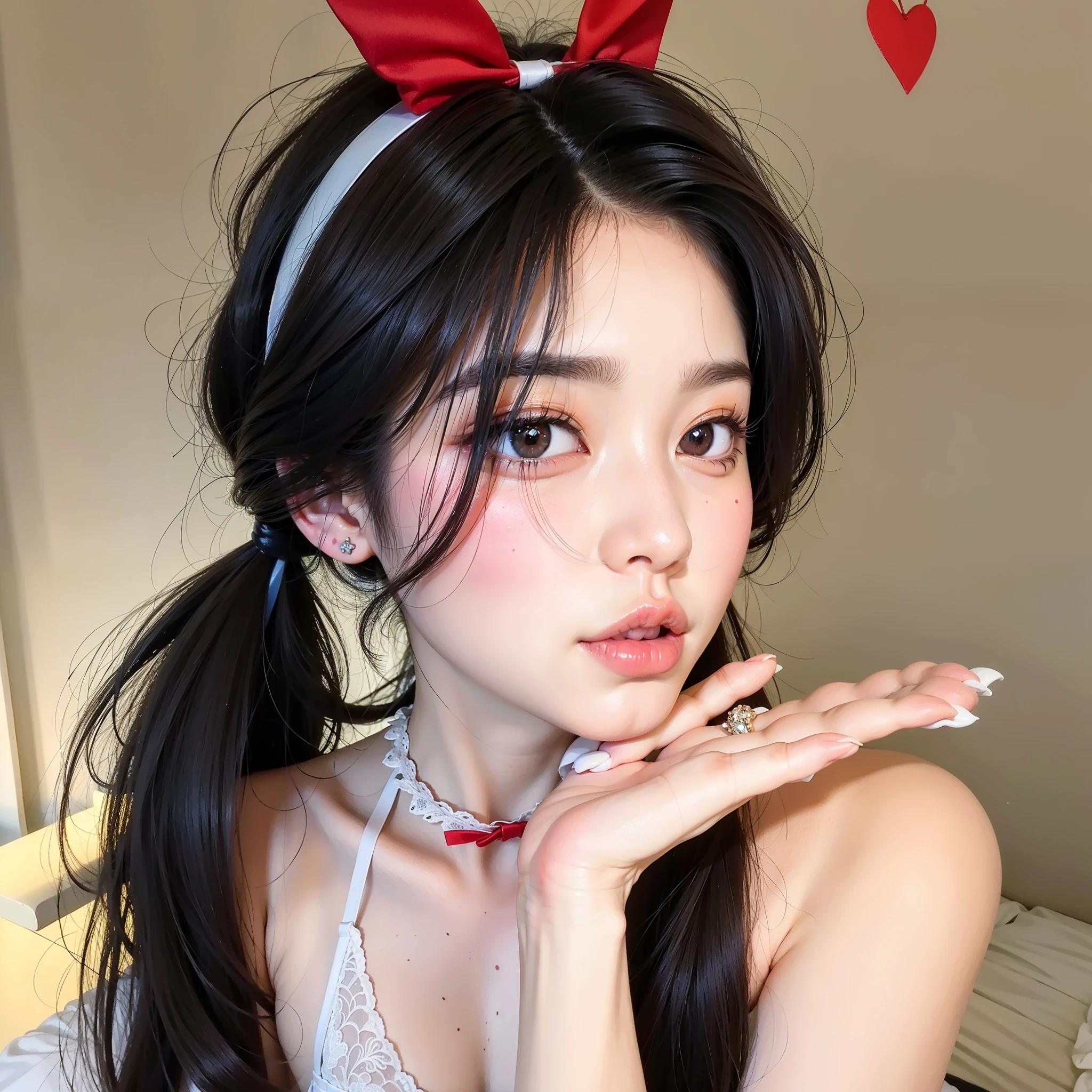 Arafed Asian woman with long black hair with a red bow, con orejas de conejo, pale korean adorable face, ulzzang, muchacha coreana, with long, floppy rabbit ears, con grandes orejas de conejo, dulce conejita ultrarrealista, con coletas negras, hermosa mujer surcoreana, con orejas de conejo, orejas de conejo largas, chica anime en la vida real