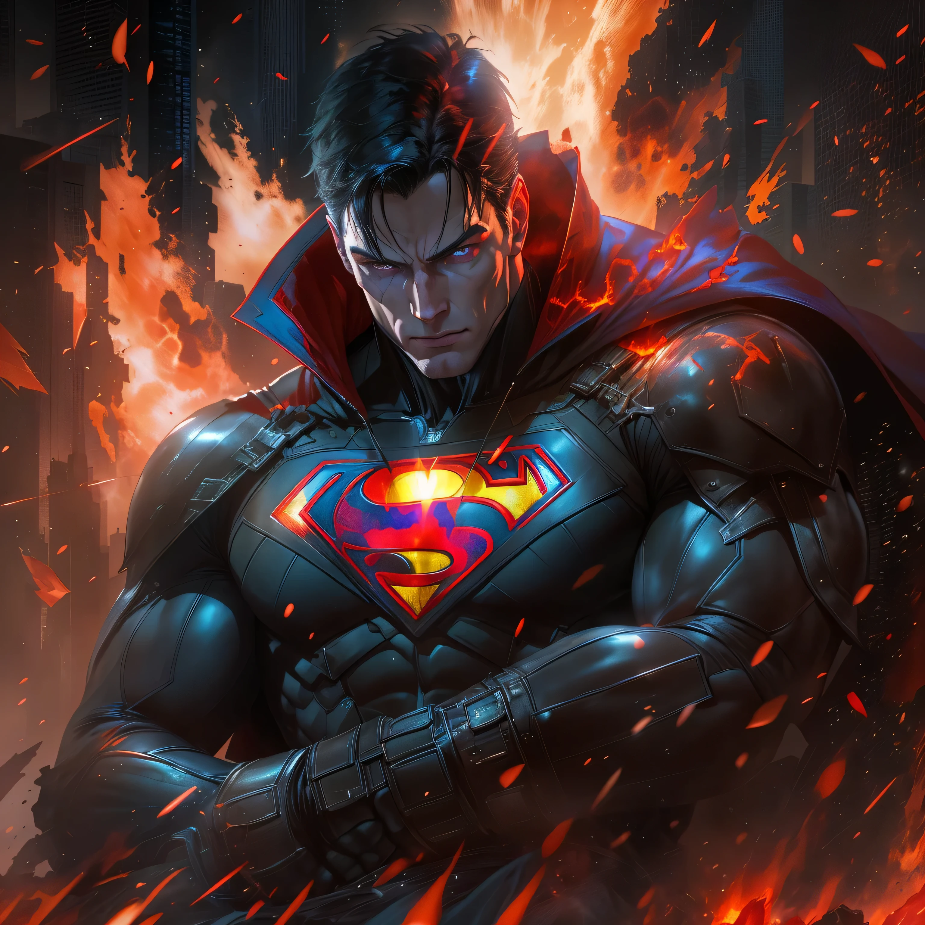 Superman in dark knight costume in front of a fire, epic anime art, artgerm craig mullins, anime concept hdr anime macmanus, jin - roh, by Arthur Pan, antoine collignon, by Yang J, with bright red eyes, style of raymond swanland, artgerm and craig mullins, red son, dan mumford. 8k octane rendering