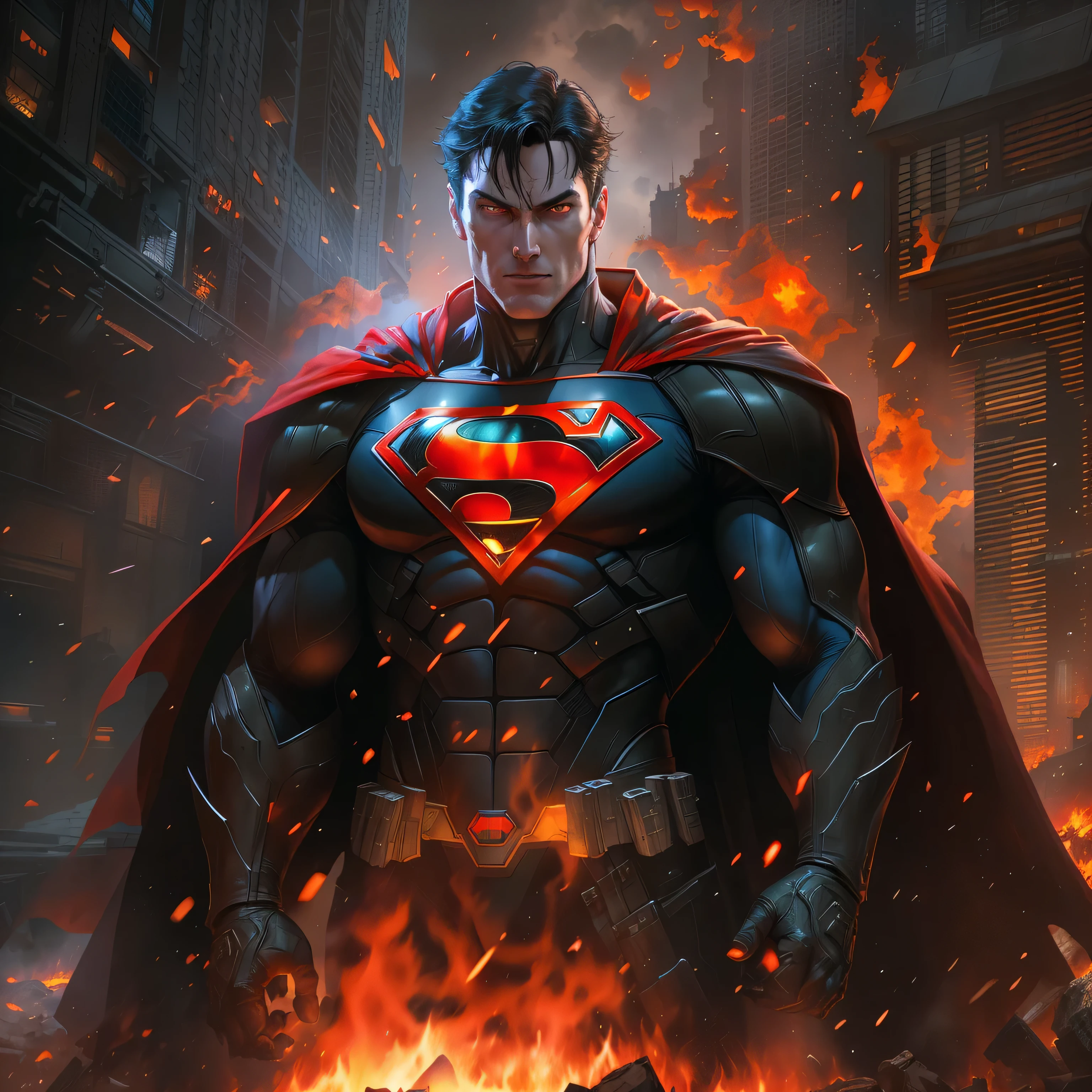 Superman in dark knight costume in front of a fire, epic anime art, artgerm craig mullins, anime concept hdr anime macmanus, jin - roh, by Arthur Pan, antoine collignon, by Yang J, with bright red eyes, style of raymond swanland, artgerm and craig mullins, red son, dan mumford. 8k octane rendering