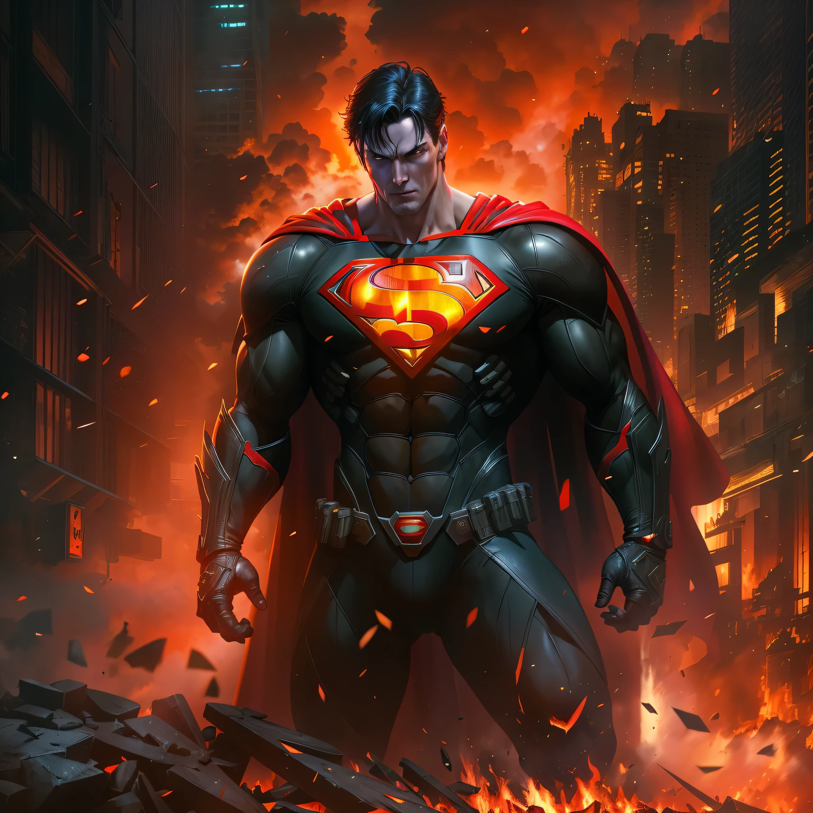 Superman in dark knight costume in front of a fire, epic anime art, artgerm craig mullins, anime concept hdr anime macmanus, jin - roh, by Arthur Pan, antoine collignon, by Yang J, with bright red eyes, style of raymond swanland, artgerm and craig mullins, red son, dan mumford. 8k octane rendering