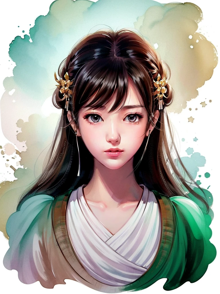 ANIME,WATERCOLOR,CHINESE,PAINTINGS,ARTSTYLE,(white background:1.4), original,(illustration:1.1),(best quality),(masterpiece:1.1), (colorful:0.9),(medium shot:1.4),upper body, clear sharp focus,indoors, looking at viewer,((beautiful)), pretty face,brown hair,black eyes ,INPAINTING ,