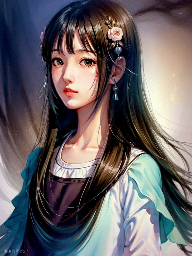 ANIME,WATERCOLOR,CHINESE,PAINTINGS,ARTSTYLE,(white background:1.4), original,(illustration:1.1),(best quality),(masterpiece:1.1), (colorful:0.9),(medium shot:1.4),upper body, clear sharp focus,indoors, looking at viewer,((beautiful)), pretty face,brown hair,black eyes ,INPAINTING ,