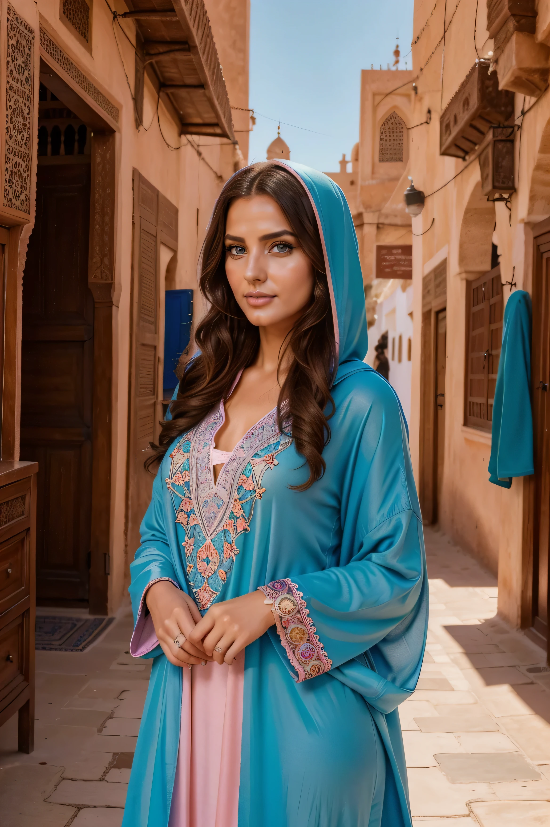 Instagram-Models posieren in Marakesh souk, in colorful kaftan hoodie, full entire body, beautiful detailed eyes, beautifully detailed lips, extremely detailed eyes and face, kurzes, welliges rosa Haar ((best qulaity)), ((Meisterwerk)), (detailliert), perfektes Gesicht, full entire body